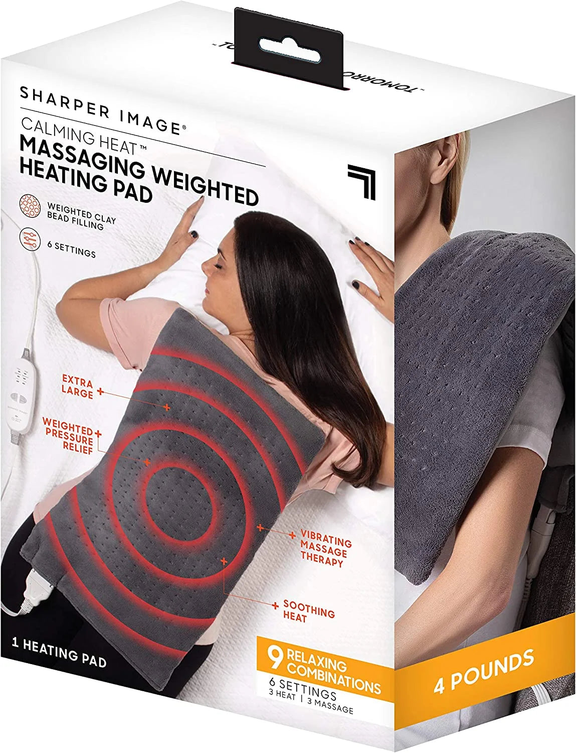 Calming Heat Massaging Weighted Heating Pad by Sharper Image- Weighted Electric Heating Pad with Massaging Vibrations, 6 Settings- 3 Heat, 3 Massage- 9 Relaxing Combinations, 12¡± x 24¡±, 4 lbs