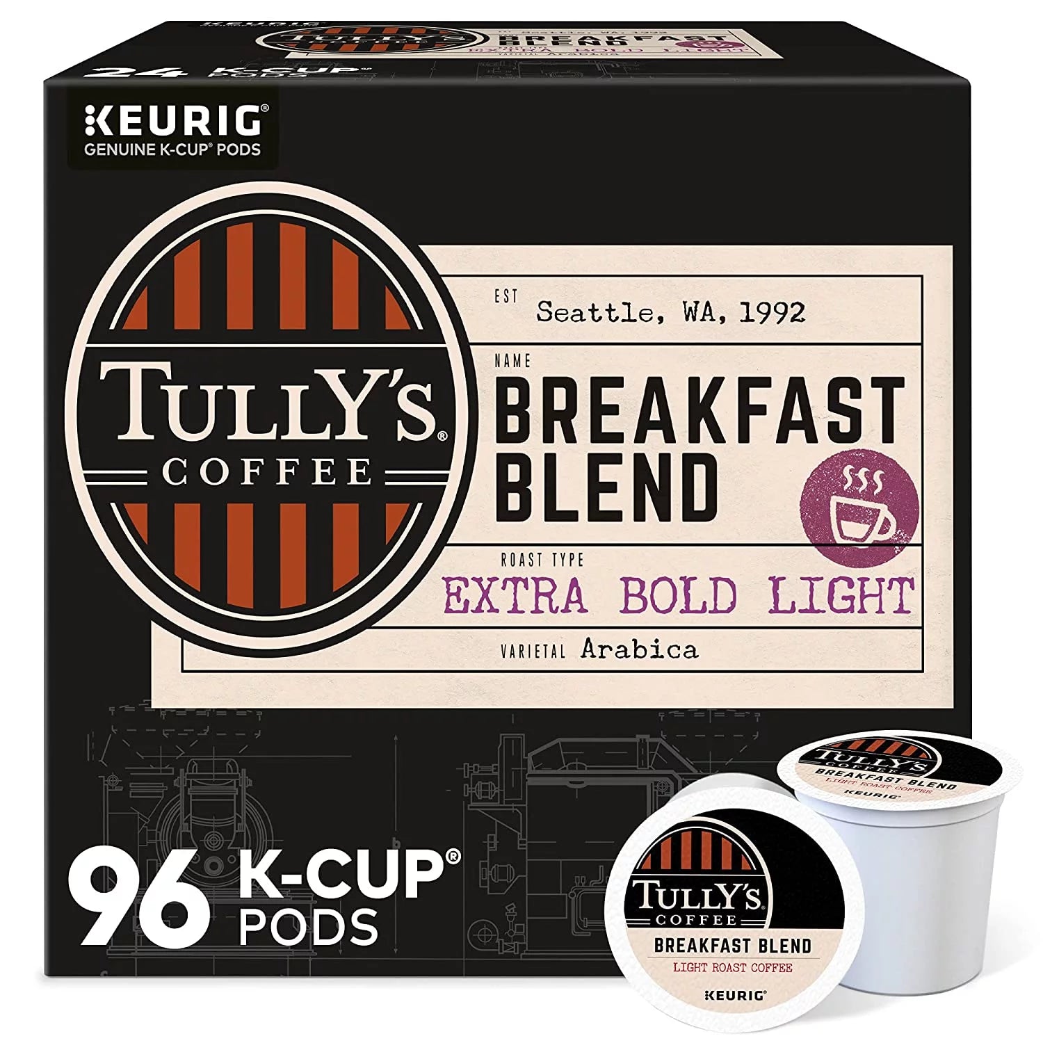 Tullys Coffee Breakfast Blend, Keurig Single-Serve K-Cup Pods, Light Roast Coffee, 96 Count