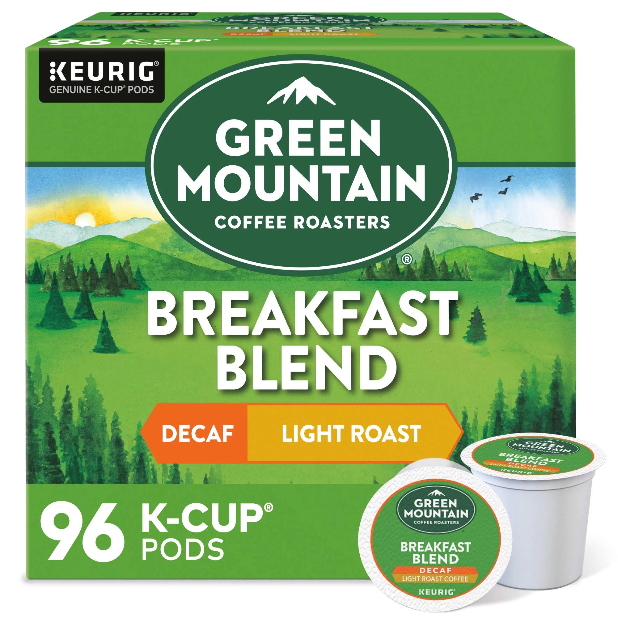 Green Mountain Coffee Roasters, Breakfast Blend Decaf, Single-Serve Keurig K-Cup Pods, Light Roast, 96 Count