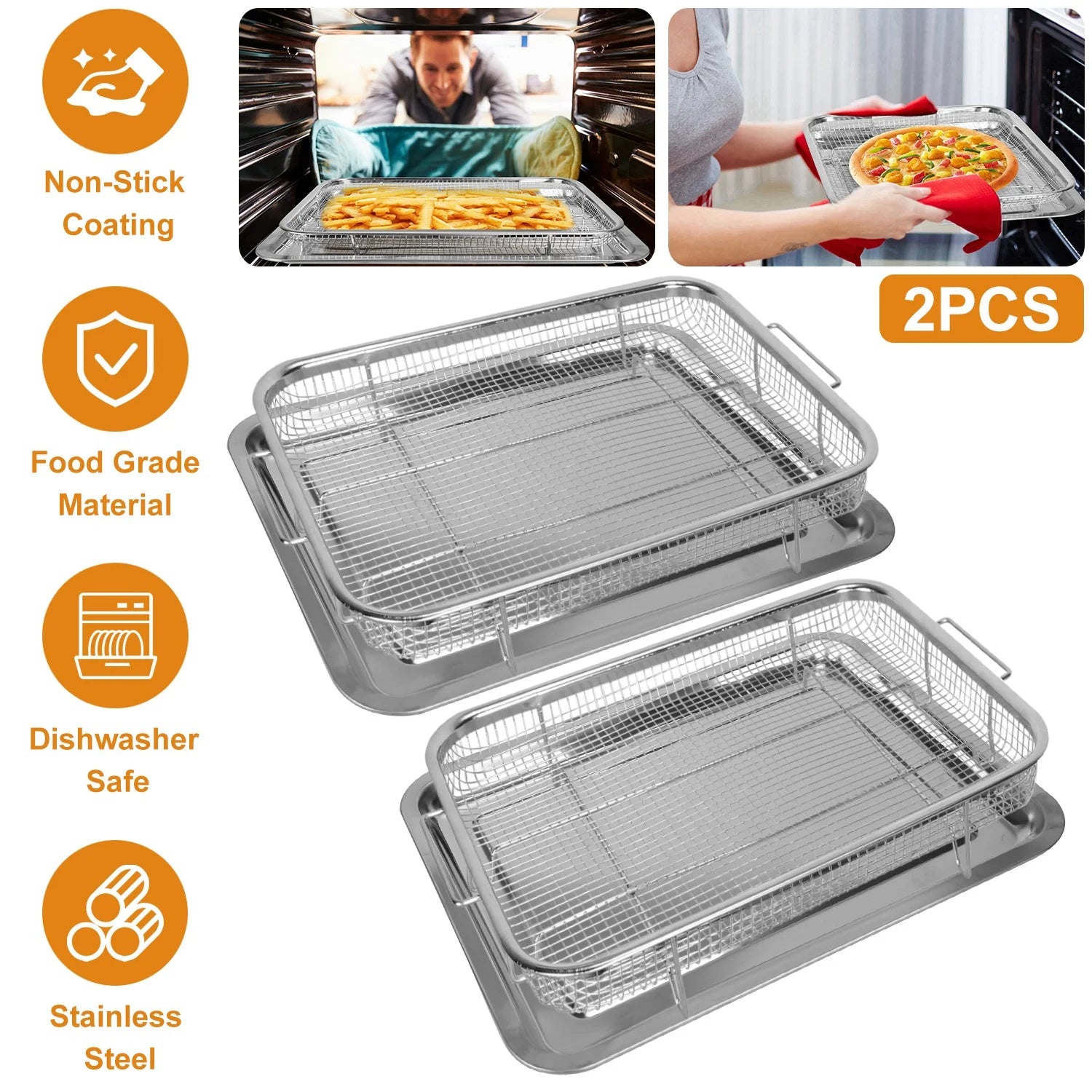 iMounTEK 2Pcs Air Fryer Basket Tray Cooking Baking Pans 15.35x11.61in Stainless Steel Rustproof Non-Stick Oven Pan and Tray for Bake Grill Crispy Food, Silver