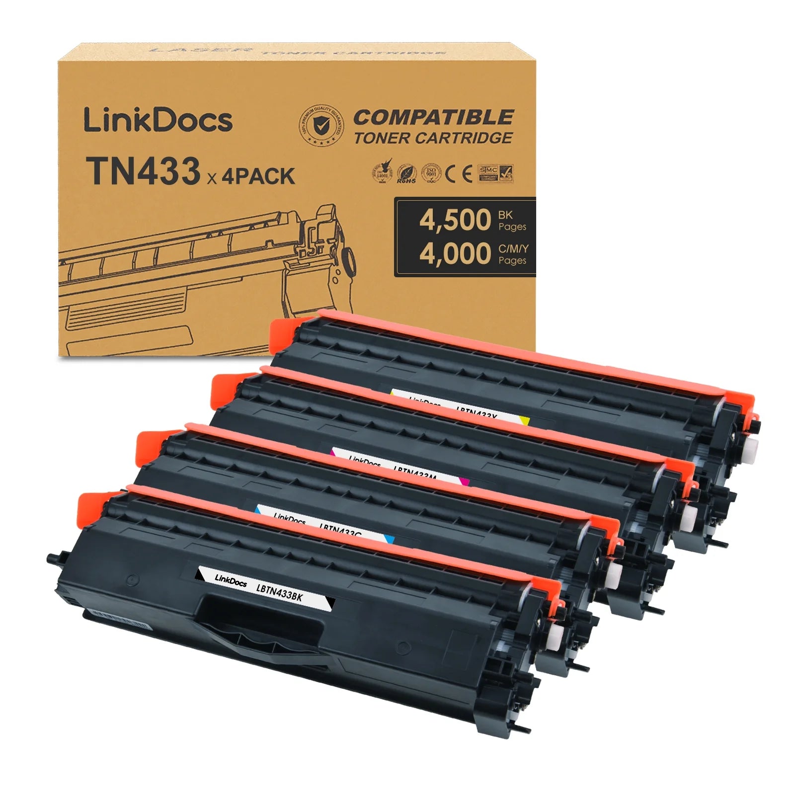 LinkDocs TN-433 High Yield Toner Cartridge Replacement for Brother TN433 TN431 TN433BK Work for Brother MFC-L8900Cdw MFC-L8610Cdw HL-L8260Cdw HL-L8360Cdw HL-L8360Cdwt HL-L9310CDW Printer (4 Color Set)