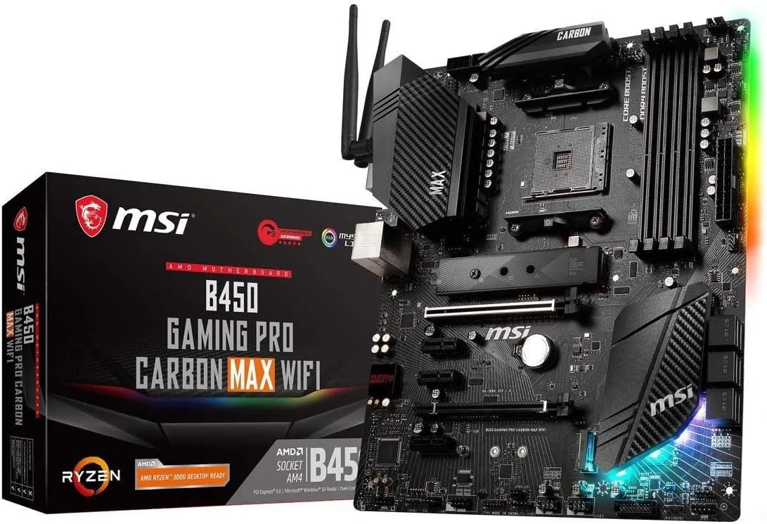 MSI Performance Gaming AMD Ryzen 1st, 2nd, and 3rd Gen AM4 M.2 USB 3.2 Gen 2 DDR4 HDMI Display Port Wi-Fi ATX Motherboard (B450 Gaming PRO Carbon MAX WiFi) (Factory Refurbished)