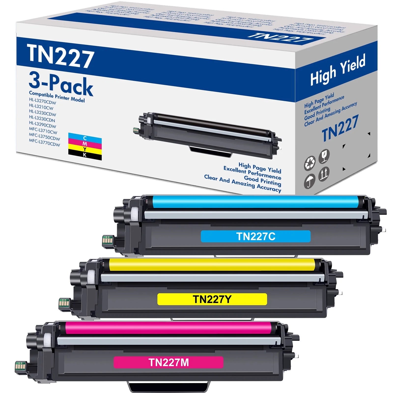 3-Pack TN-227C/M/Y Toner Cartridge Compatible for Brother TN-227 TN227C TN227M TN227Y TN223 for HL-L3270CDW L3210CW L3230CDW L3290CDW MFC-L3710CW L3750CDW Printer Ink