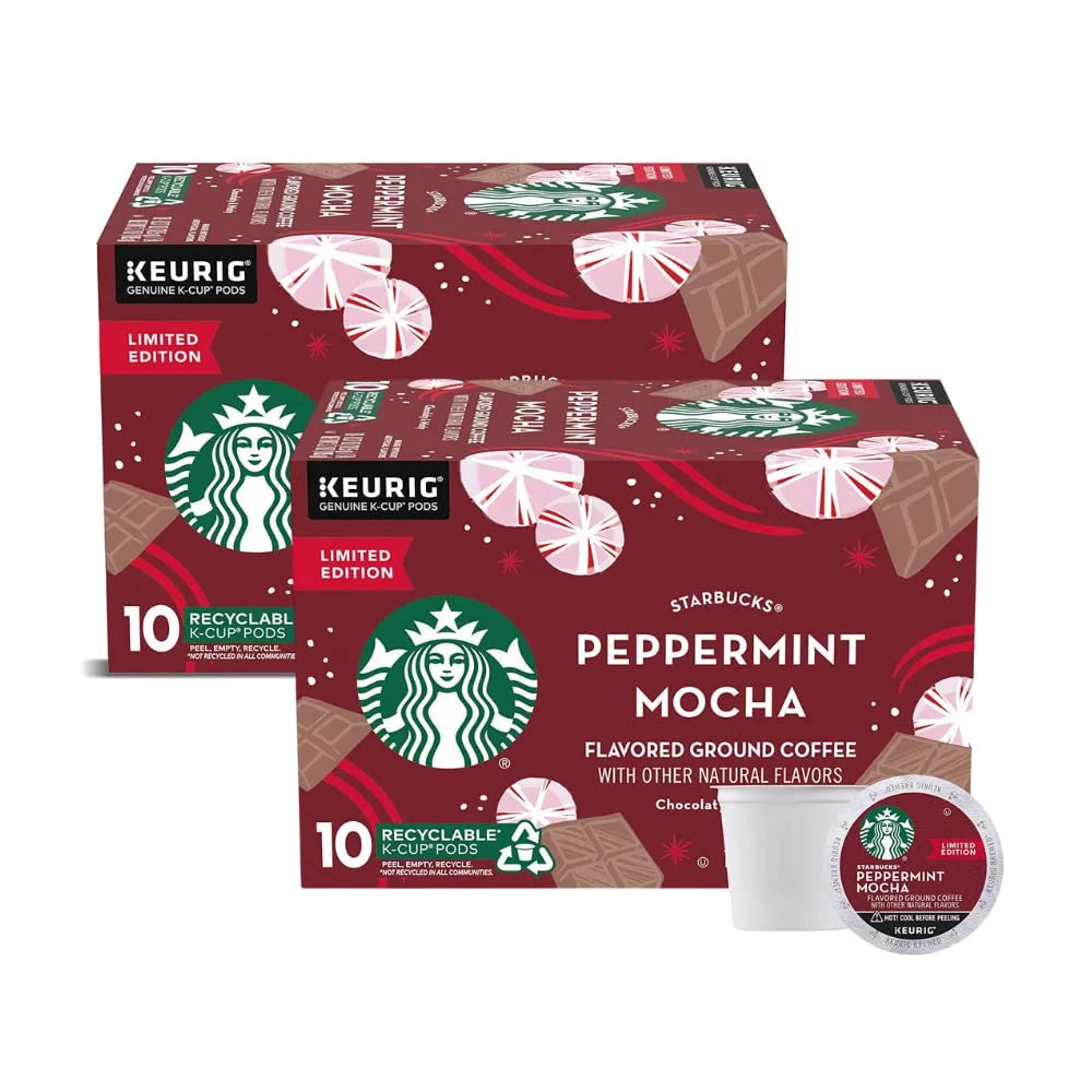 Starbucks Coffee K-Cup Pods, Peppermint Mocha Flavored Coffee, Keurig Genuine K-Cup Pods, 100% Arabica Coffee, 10 Ct K-Cups/Box (Pack Of 2)