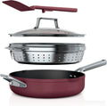 Open Box Ninja CW102RD Foodi NeverStick PossiblePan, Premium Set with 4-Quart Capacity Pan, Steamer/Strainer Basket, Glass Lid & Integrated Spatula, Nonstick, Durable & Oven Safe to 500¡ãF, Cherry Tart