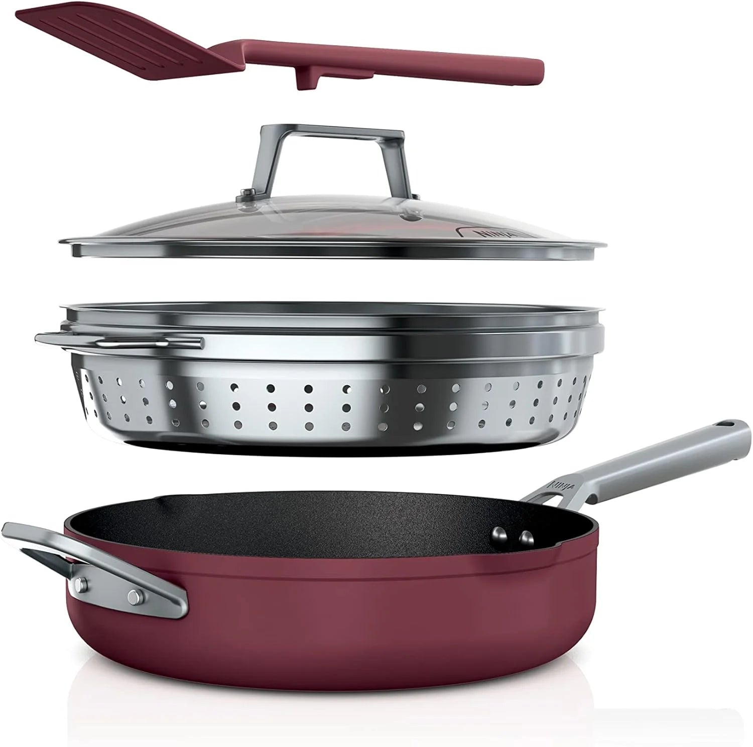 Open Box Ninja CW102RD Foodi NeverStick PossiblePan, Premium Set with 4-Quart Capacity Pan, Steamer/Strainer Basket, Glass Lid & Integrated Spatula, Nonstick, Durable & Oven Safe to 500¡ãF, Cherry Tart