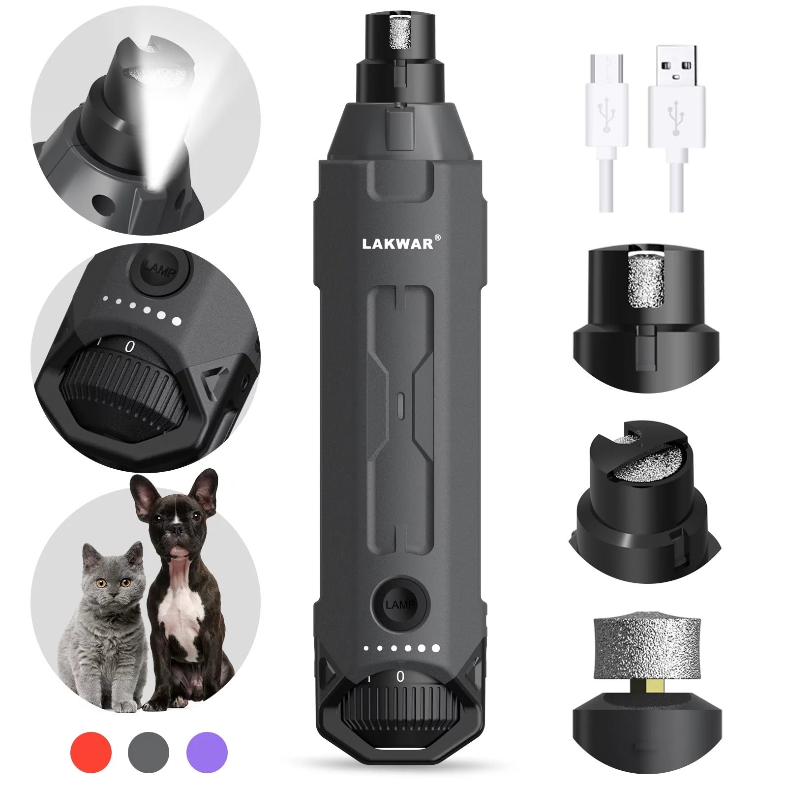 LAKWAR Dog Nail Grinder,6-Speed Pet Nail Grinder W/Light Quiet Rechargeable Electric Dog Nail Clippers Painless Paws Grooming & Smoothing Tool for Large Medium Small Dogs(Gray)