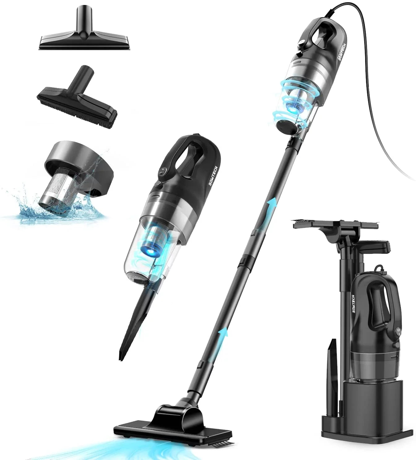 SOWTECH Corded Stick Vacuum Cleaner,17KPa Powerful Suction with 32Ft Cord, Cyclonic Suction System, Lightweight 6 in 1 Handheld Vacuum for Hard Floor, Pet Hair,Black
