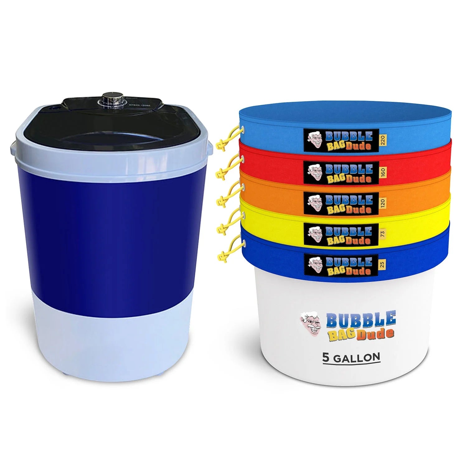 BUBBLEBAGDUDE Bubble Bags Machine 5 Gallon 5 Bag w/ 110 volts Mini Washer Set - Herbal Ice Bubble Bag Essence Extractor Kit - Plant & Herb Extraction Bags, 2 String Locking System