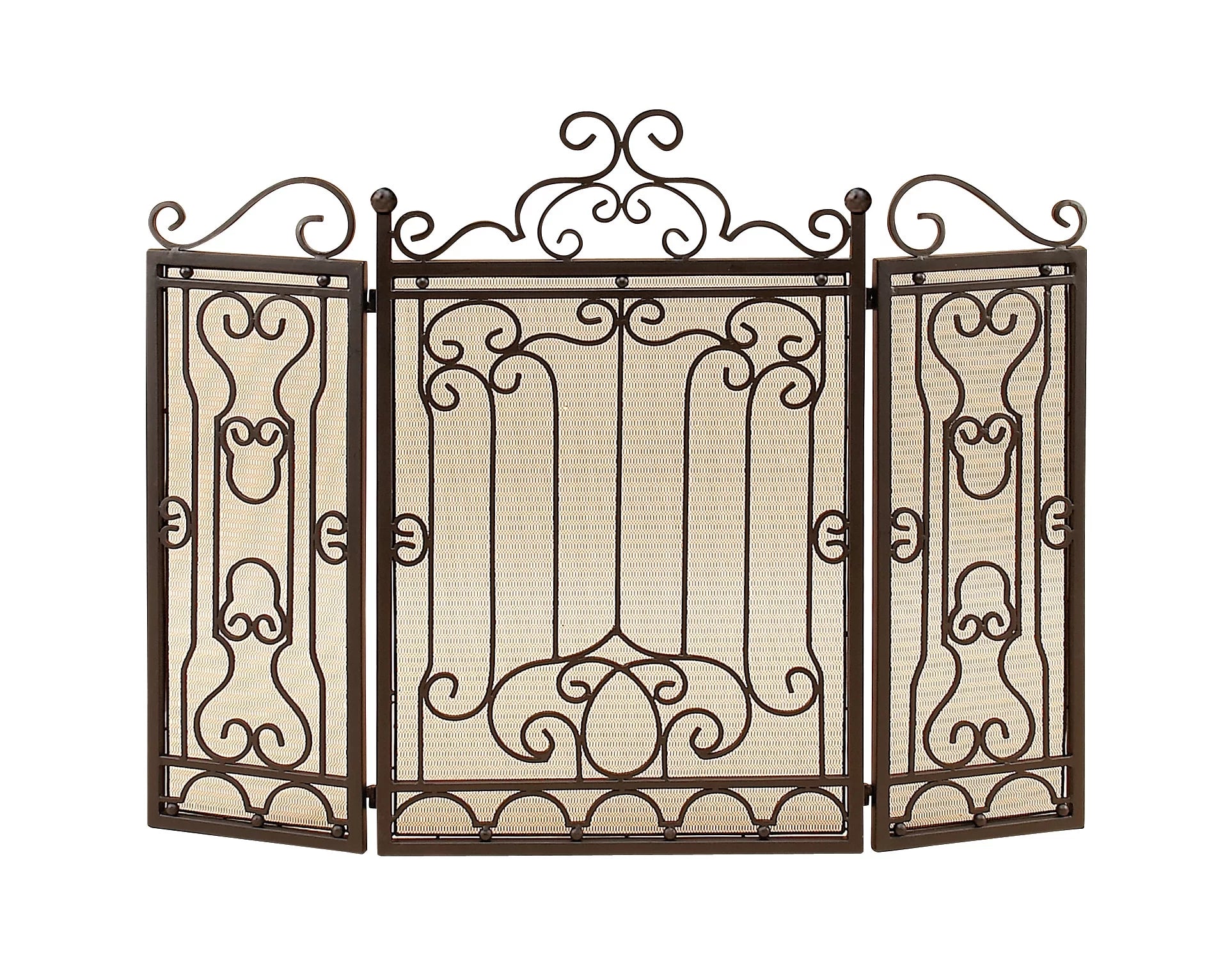 DecMode 48 x 38 Brown Metal Foldable Mesh Netting 3 Panel Scroll Fireplace Screen, 1-Piece