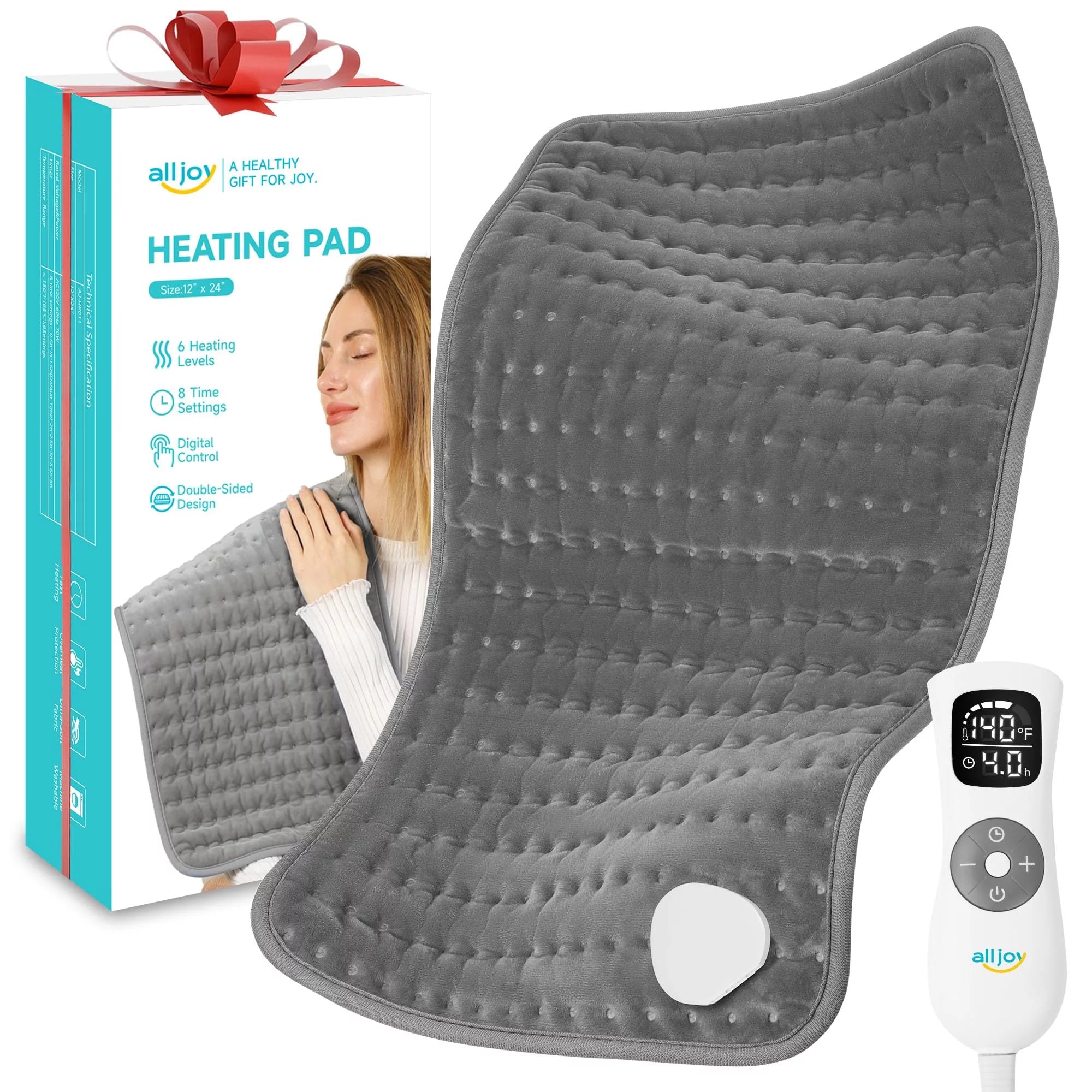 ALLJOY Electric Heating pad for Back/Shoulder/Neck/knee/leg Pain, Cramps and Arthritis Relief, Fast Heating Settings, Auto-Off, Machine Washable, Moist Dry Heat Options, Extra Large 12x24, Grey