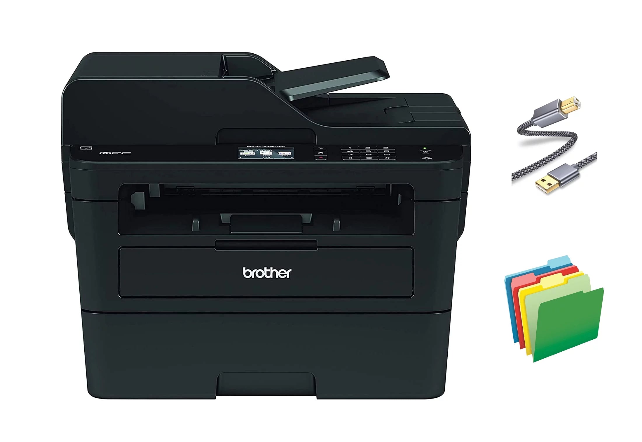 Brother MFC-L27 Series Monochrome All-in-One Laser Printer, Print-Copy-Scan-Fax, Wireless, Mobile Printing, 2.7 Touchscreen, 36 ppm, Auto 2-Sided Printing, With MTC Printer Cable and File Folders