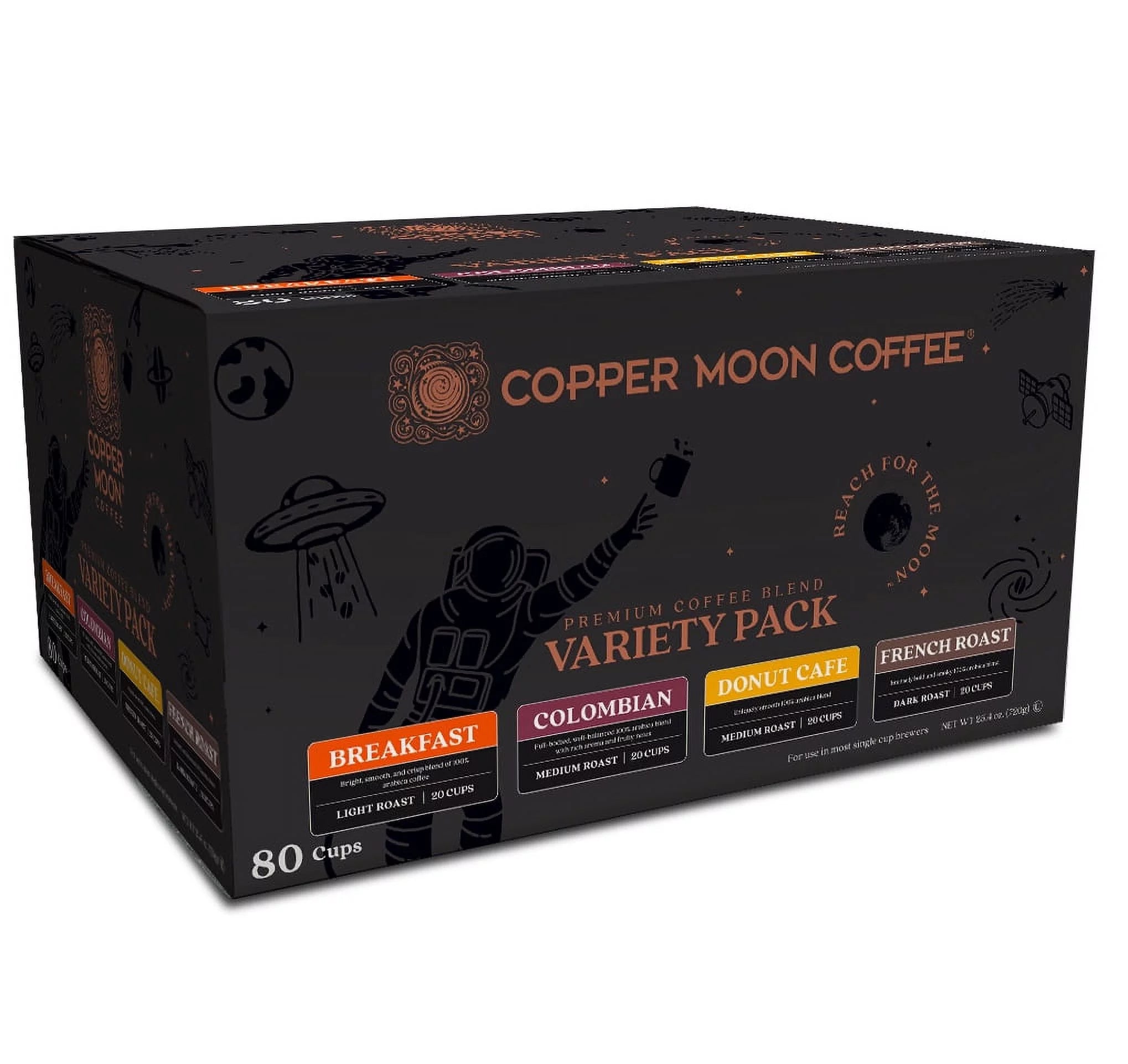 CM Variety Pack Coffee 80ct, Single Cup 9G (Donut, Breakfast, Colombian, French)