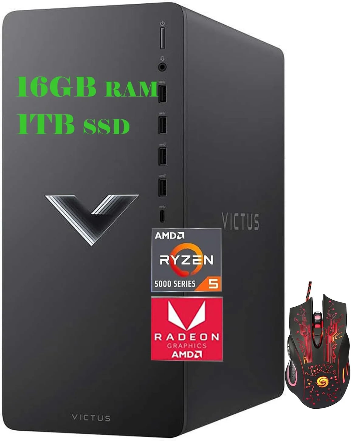 HP Victus Gaming Desktop, AMD Radeon 5 5600G, 16GB RAM, 1TB PCIe SSD, AMD Radeon RX 6400 Graphics, Wi-Fi 6, Bluetooth, Windows 11 Home, Wired Keyboard & Mouse, Cefesfy Gaming Mouse