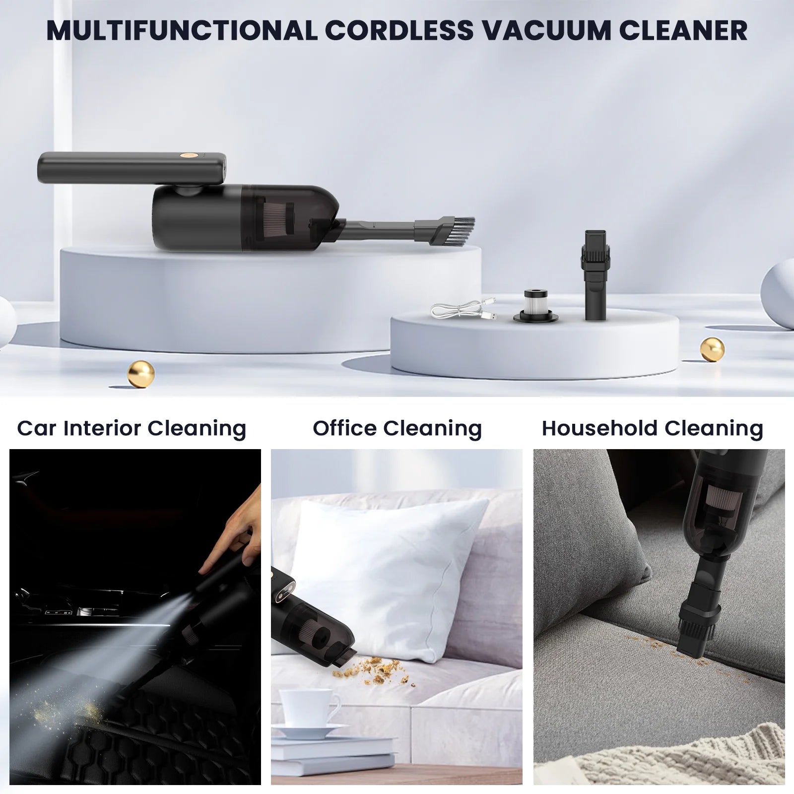AUOSHI 9Kpa Handheld Vacuum Cleaner 2000mAh Cordless Car Vacuum Rechargeable Foldable Inflator Portable Suction & Air Duster with Led Light Low Noise for Car Travel Home Office Pet Hair