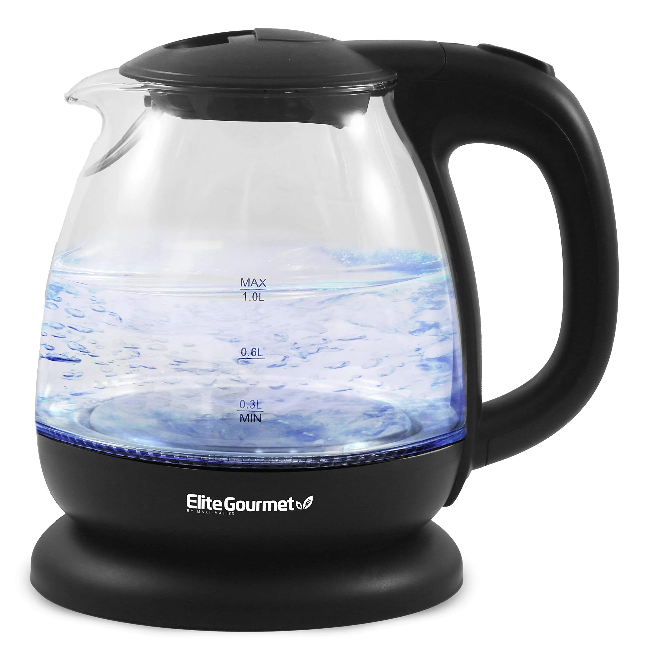 Elite Gourmet EKT1001B Electric 1.0L BPA-Free 1100W Glass Kettle Cordless 360¡ã Base, Stylish Blue LED Interior, Handy Auto Shut-Off Function ¨C Quickly Boil Water For Tea & More, Graphite Black