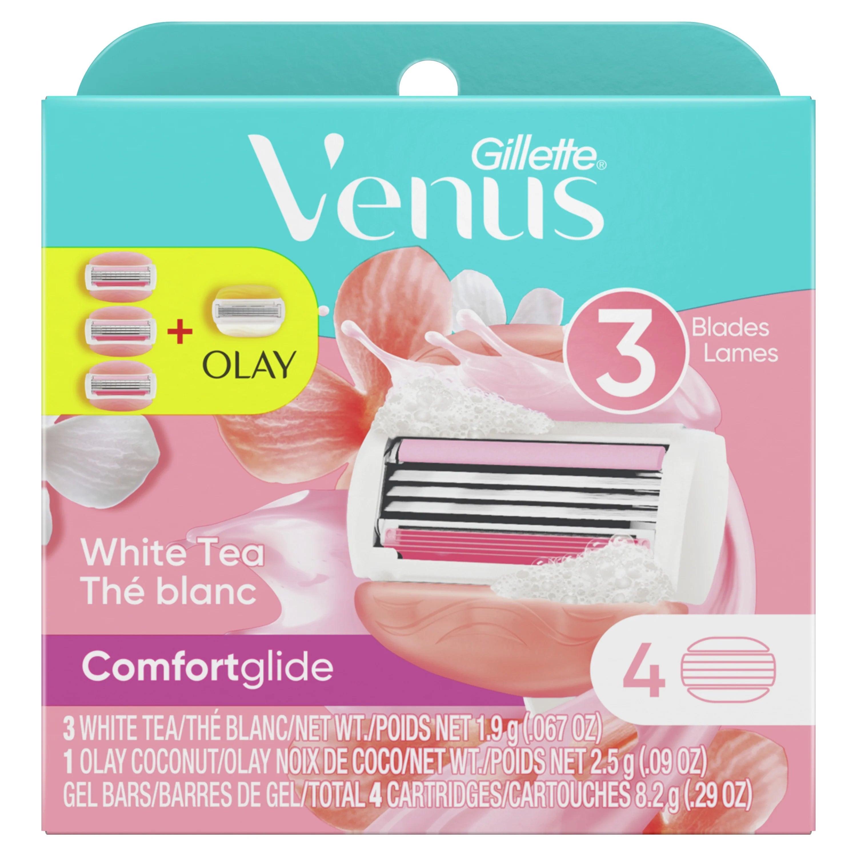 Gillette Venus ComfortGlide White Tea, 3 ct Women's Razor Blade Refills plus 1 ComfortGlide plus Olay Blade Refill