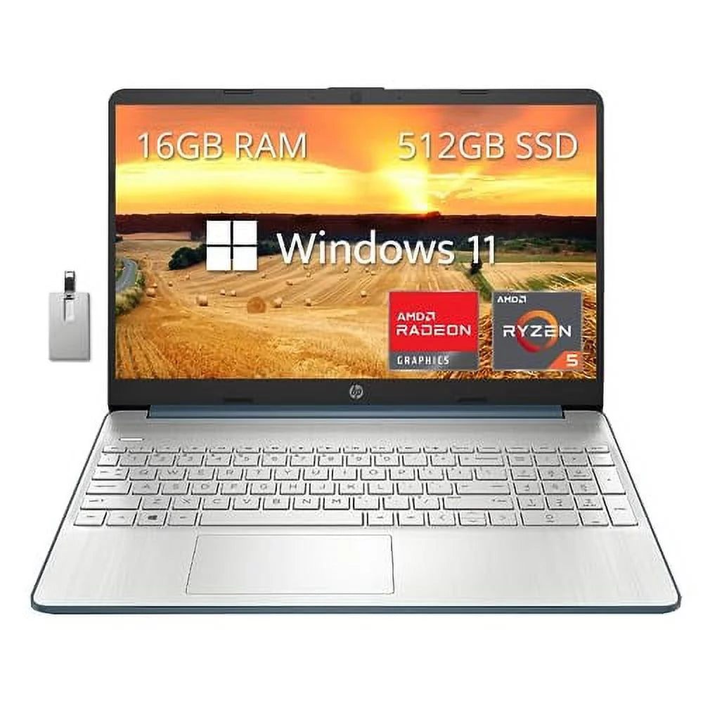 HP 15.6 FHD Laptop, AMD Ryzen 5-5500U Processor, AMD Radeon Graphics, 16GB RAM, 512GB PCIe SSD, HD Webcam, Bluetooth, Wi-fi, Win 11, Blue, 32GB Hotface USB Card