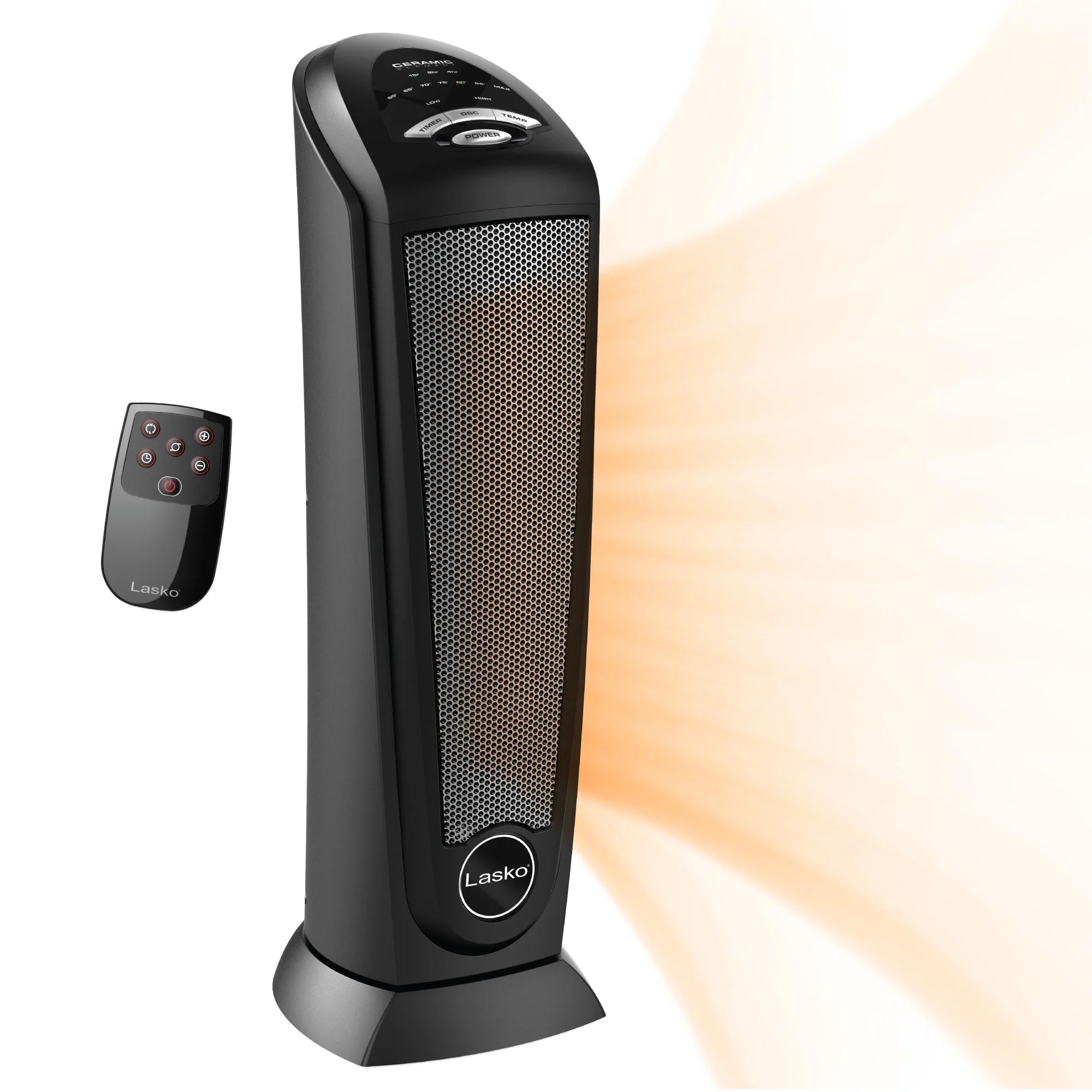 Lasko 22.5 1500W Oscillating Ceramic Tower Space Heater with Remote, Black, CT22410, New