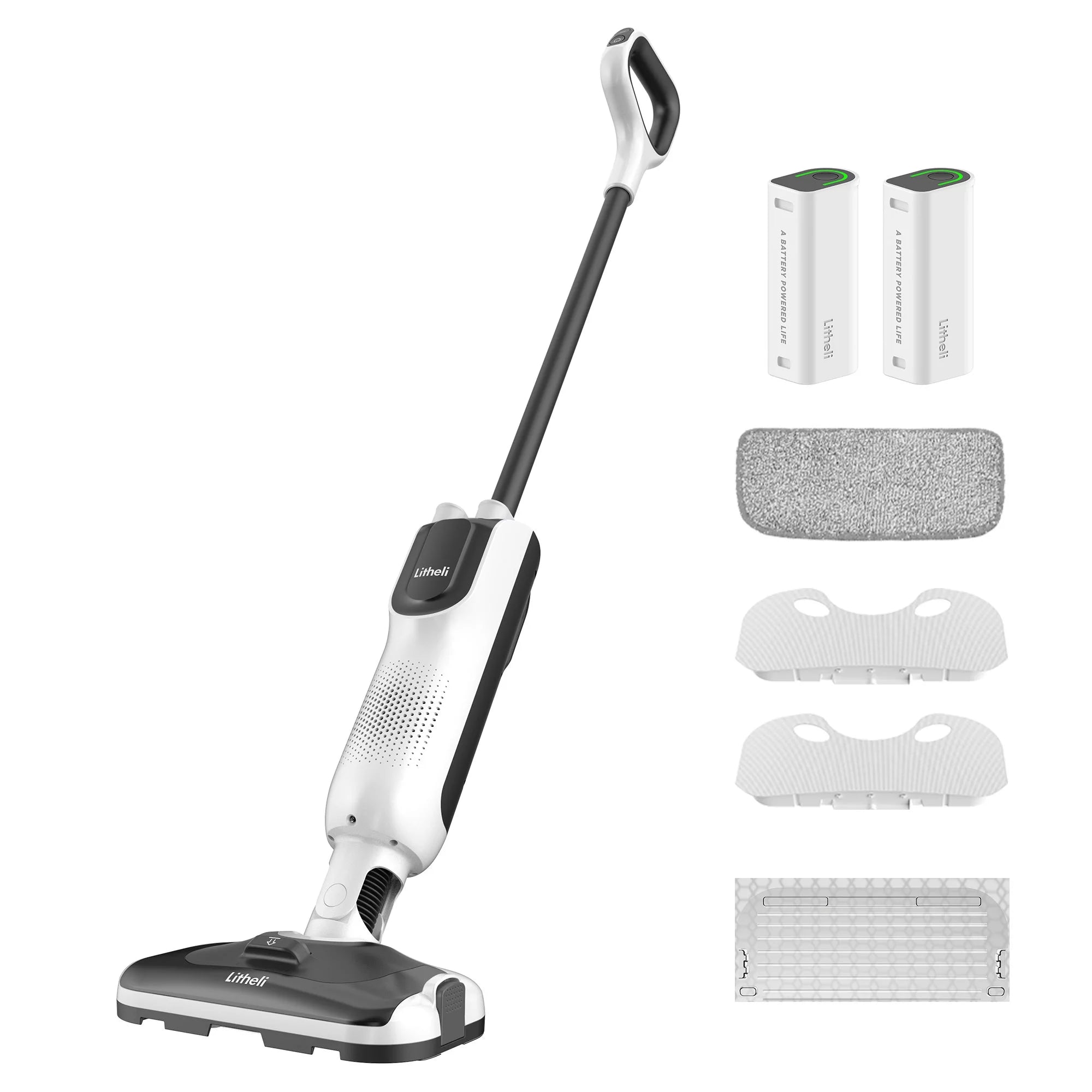 Litheli Cordless Vacuum Mop Cleaner, 2-in-1 Hard Floor Stick Vacuum, Wet Dry Mop, 2 Disposable Dust Boxes, 14 Disposable Pads & 1 Washable Pad, 2 Swappable 4000mAh Batteries