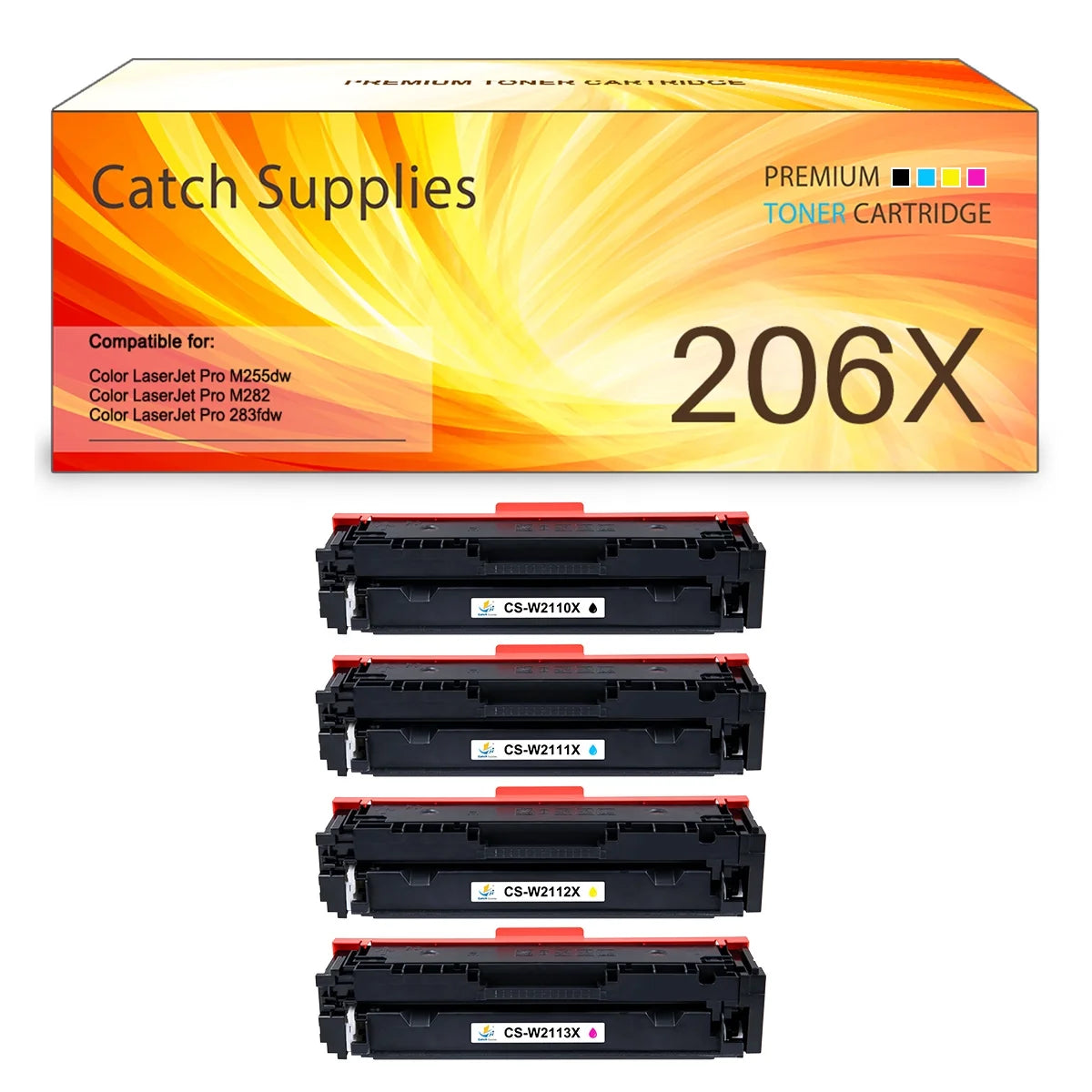 Catch Supplies (No Chip) Compatible Toner for HP 206X W2110X for HP Color Pro MFP M283fdw M255dw M282nw M255 Laser Printer ink (Black Cyan Yellow Magenta, 4-Pack)