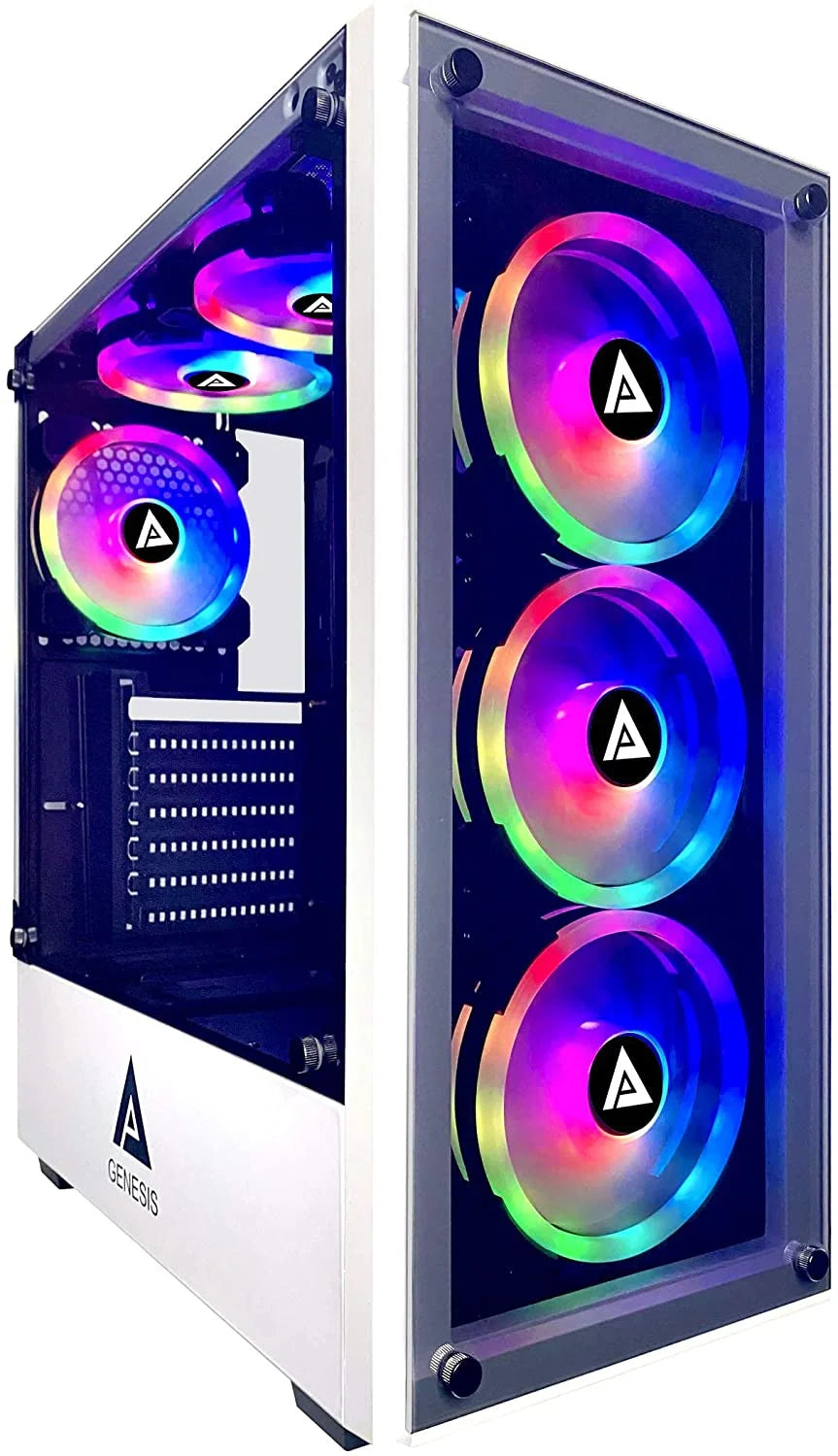 Apevia Genesis Pro G-PRO-WH Mid Tower Gaming Case with 2 x Tempered Glass Panel, Top USB3.0/USB2.0/Audio Ports, 6 x RGB Fans, White Frame