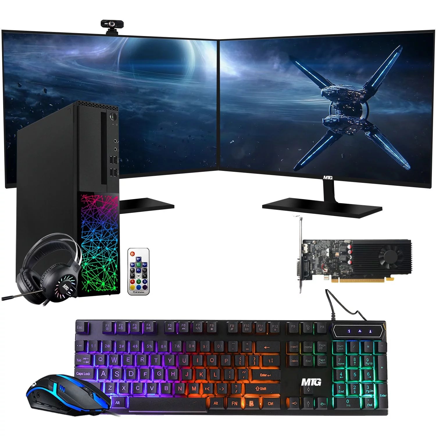 Restored Gaming Desktop PC, Intel i5 6th, TechMagnet Galaxy, 16GB RAM, 240GB SSD, MTG New Dual 24 Inch Monitor, RGB Keyboard Mouse, GT 1030, Headphone, Webcam, Win 10 Pro (Refurbished)