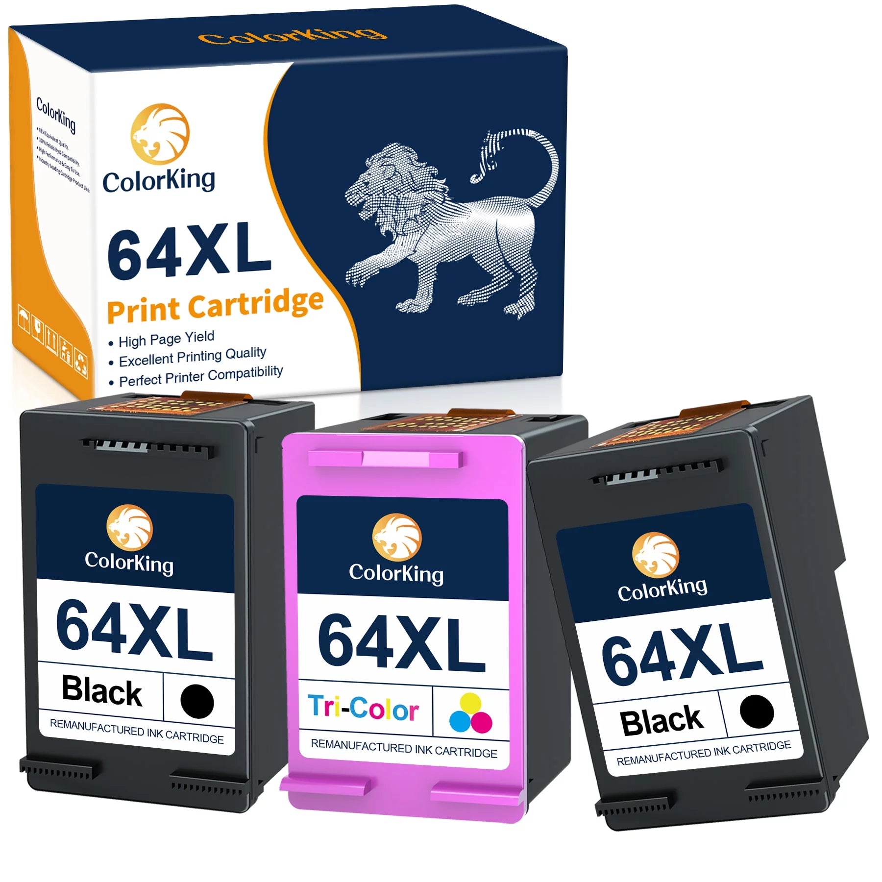ColorKing Compatible Ink Cartridge Replacement for HP 64XL 64 XL Ink Cartridge for HP Envy Photo 7855 7858 7155 6255 7164 7864 7158 7160 6252 5542 Printer Ink Cartridges ( 2 Black, 1 Tri-Color )