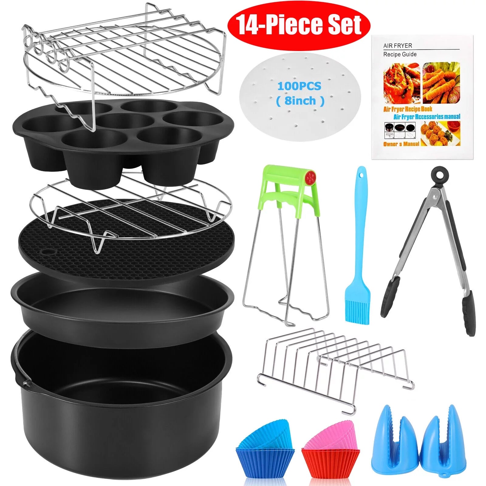 TOPCHANCES 14-Piece Air Fryer Accessories Set, Pizza Pan Toaster Rack Pot Holder Tray Carrier Oil Brush Baking Parchments Fits for 3.7QT -6.8QT AIR FRYER
