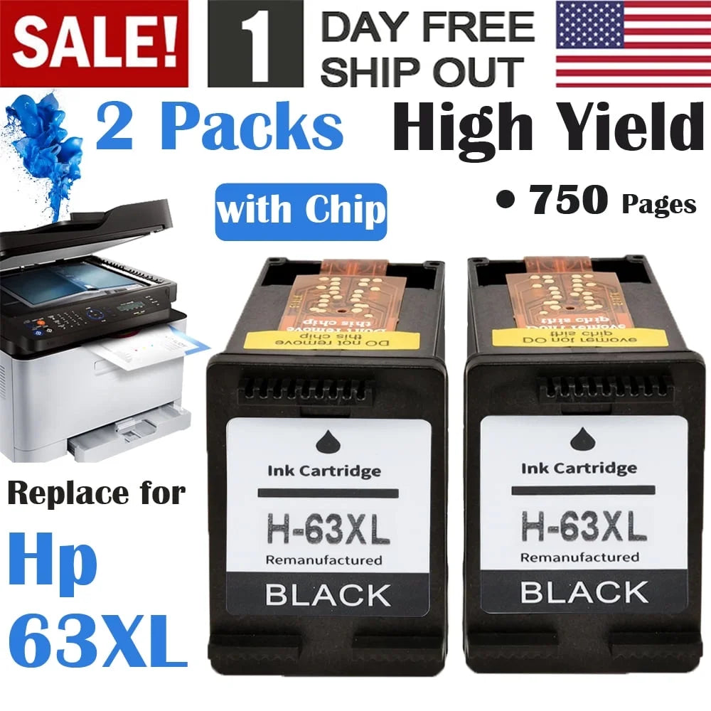 63XL Ink Cartridges for HP 63XL Black Ink Cartridges Printer Ink HP 63 work with HP Officejet 3830 4650 5255 5200 5258 Envy 4520 4655 4512 Ink Printer (2 Black)