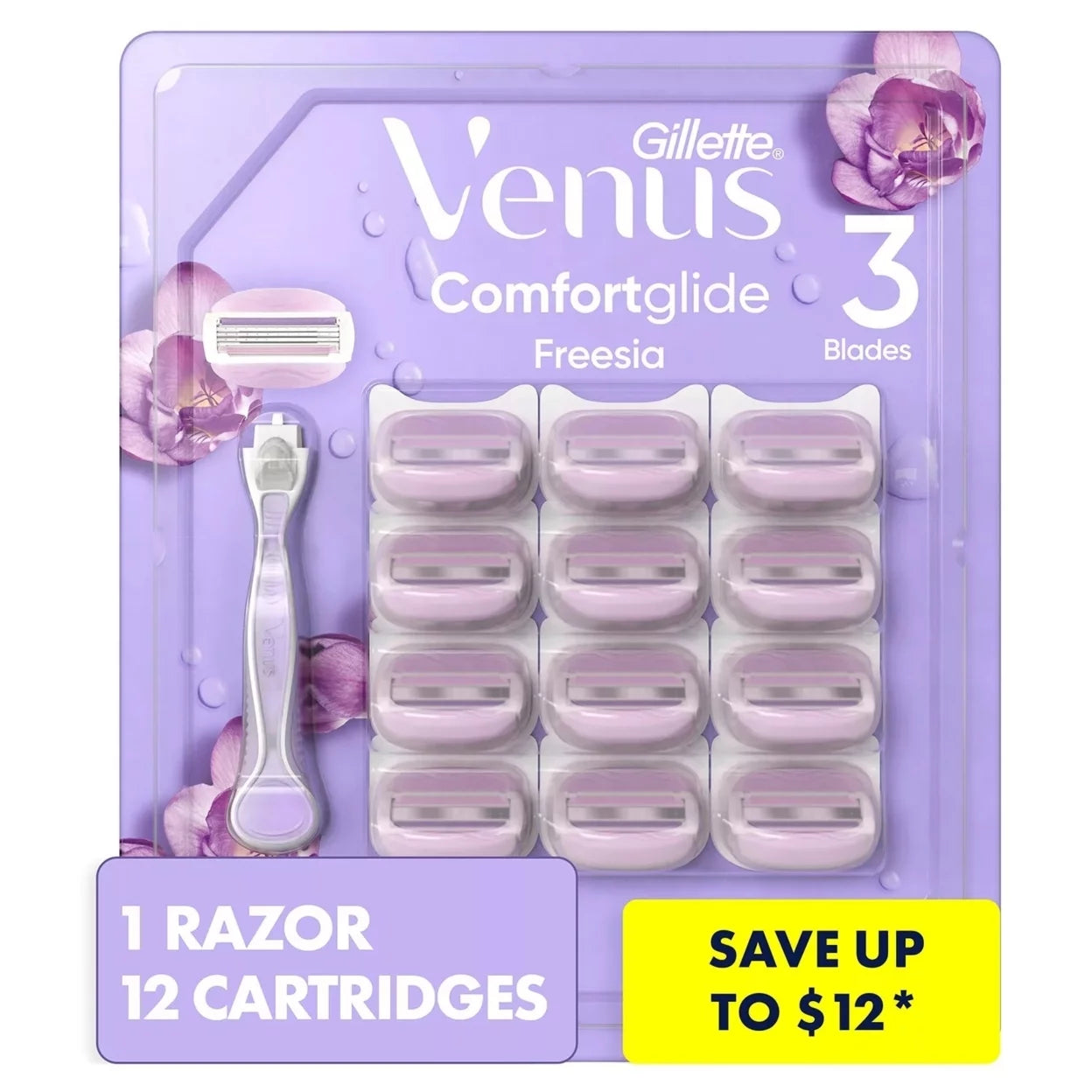 Gillette Venus Comfort Glide Women's Razor and 12 Cartridges, Freesia Scent
