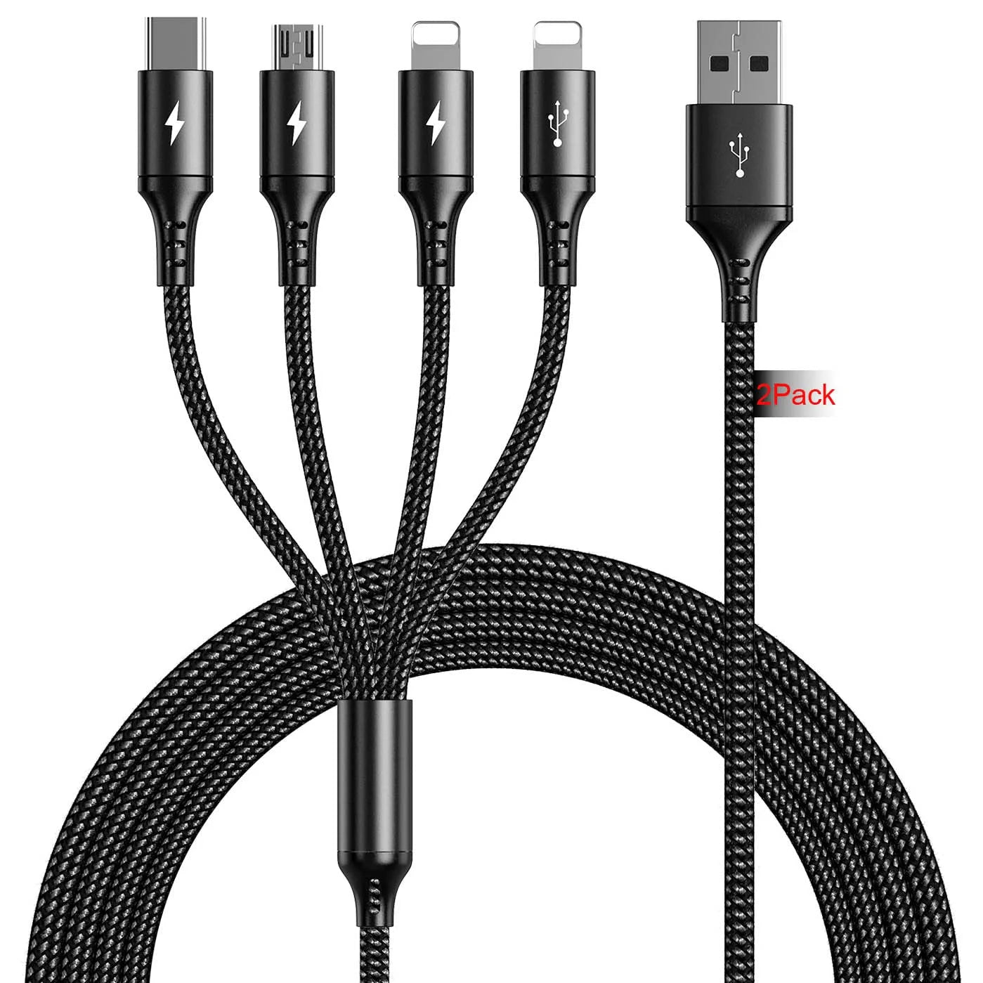 UZAHSK Multi USB Charger Cable 2Pack [4A,10ft ] 4 in 1 USB Fast Charging Cable with IP/Type C/ro USB Ports Adapter