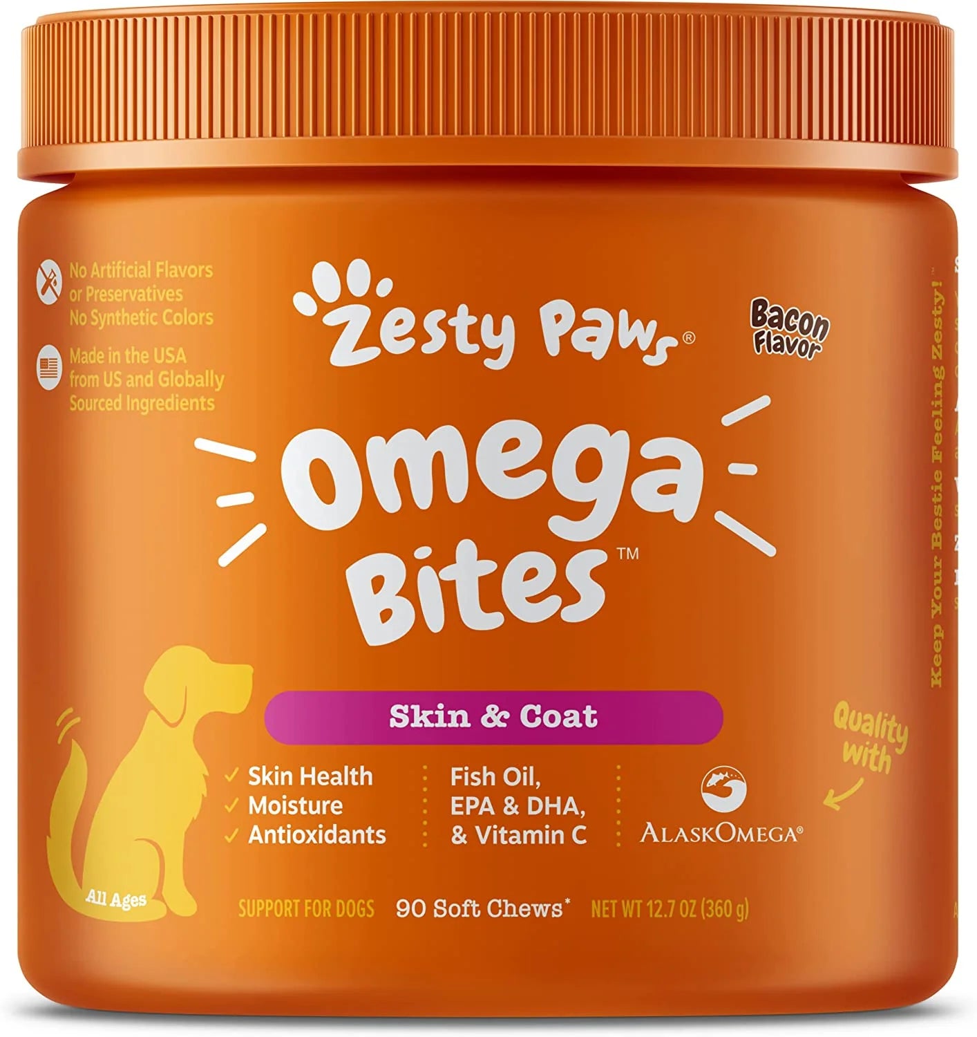 Zesty Paws  3 Bites for Dogs - with AlaskOmega Fish Oil for EPA &amp; DHA Fatty Acids - Hip &amp; Joint Support + Heart &amp; Brain Health - Bacon Flavor\u2026