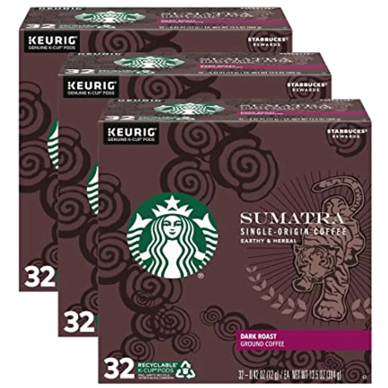 Starbucks Coffee K-Cup Pods, Sumatra Single-Origin Coffee, Dark Roast Ground Coffee, Keurig Genuine K-Cup Pods, 32 Ct K-Cup Pods Per Box (Pack Of 3 Boxes)