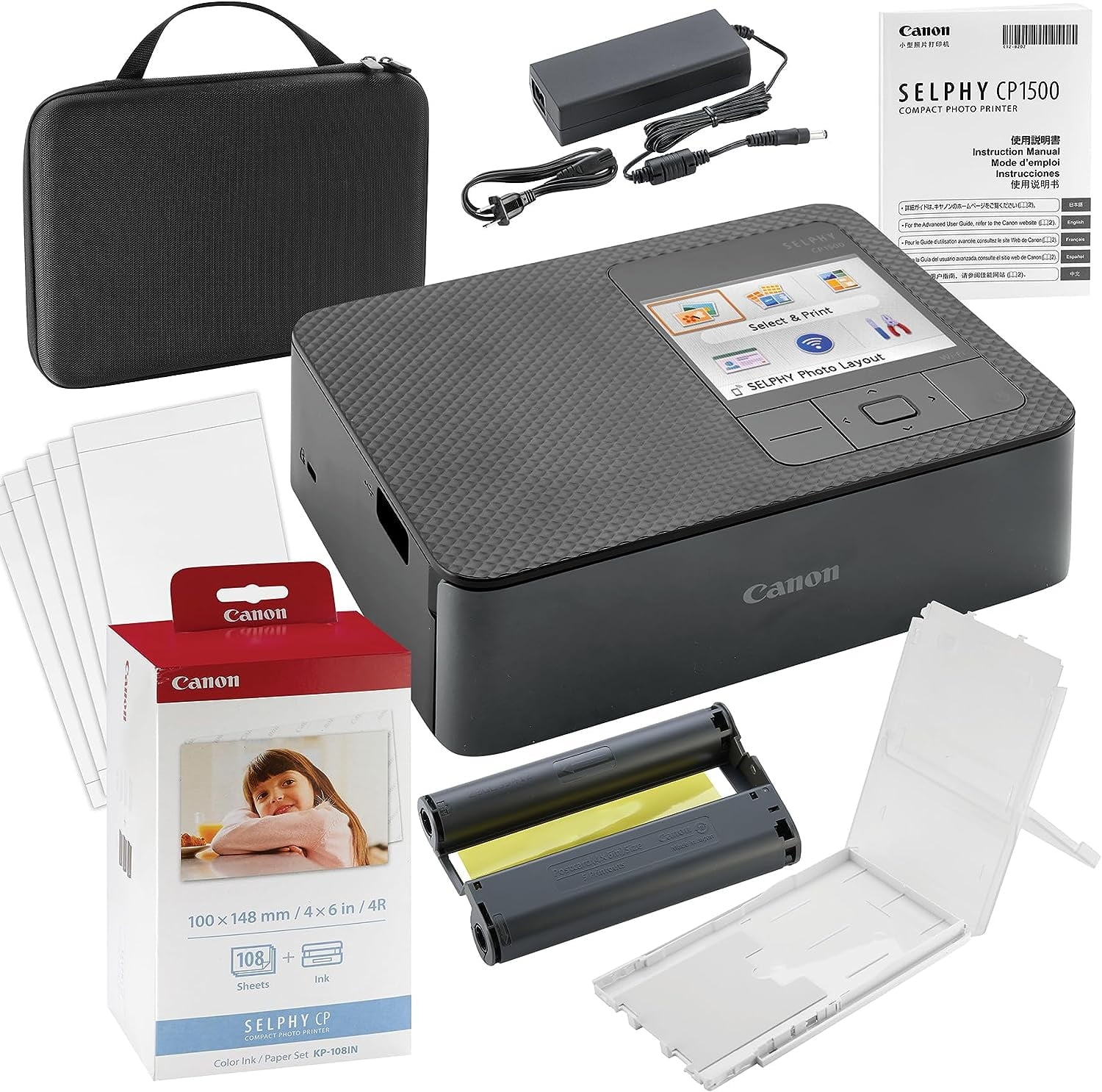 Canon SELPHY CP1500 Wireless Compact Photo Printer with AirPrint and Mopria Device Printing, Black, With Canon KP108 Paper And Black hard case to fit all together