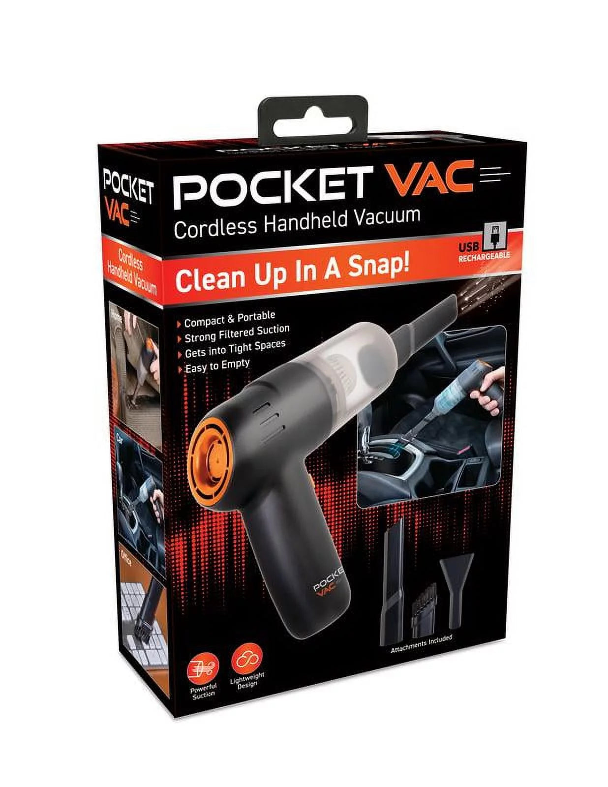 Pocket Vac Rechargeable Handheld Vacuum with Accessories - New - Cordless - Portable - As Seen on TV