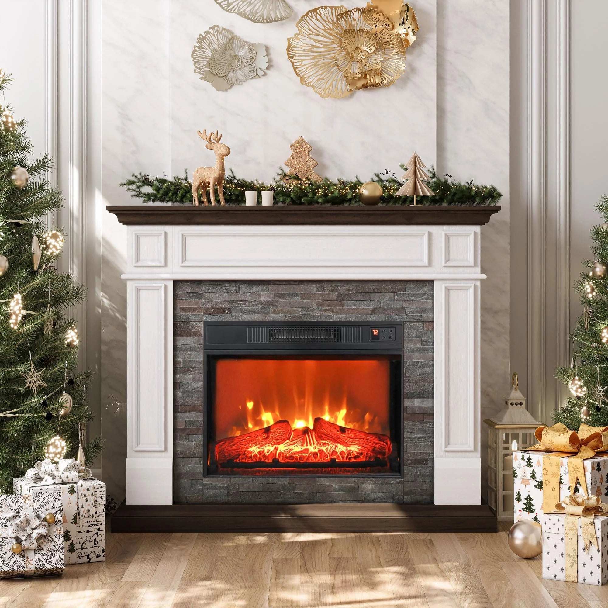 Duerer Electric Fireplace Mantel Stacked Stone Surround Firebox, 44 Free Standing Fireplace Heater with Remote Control, Adjustable LED Flame, 1400W, White Brown