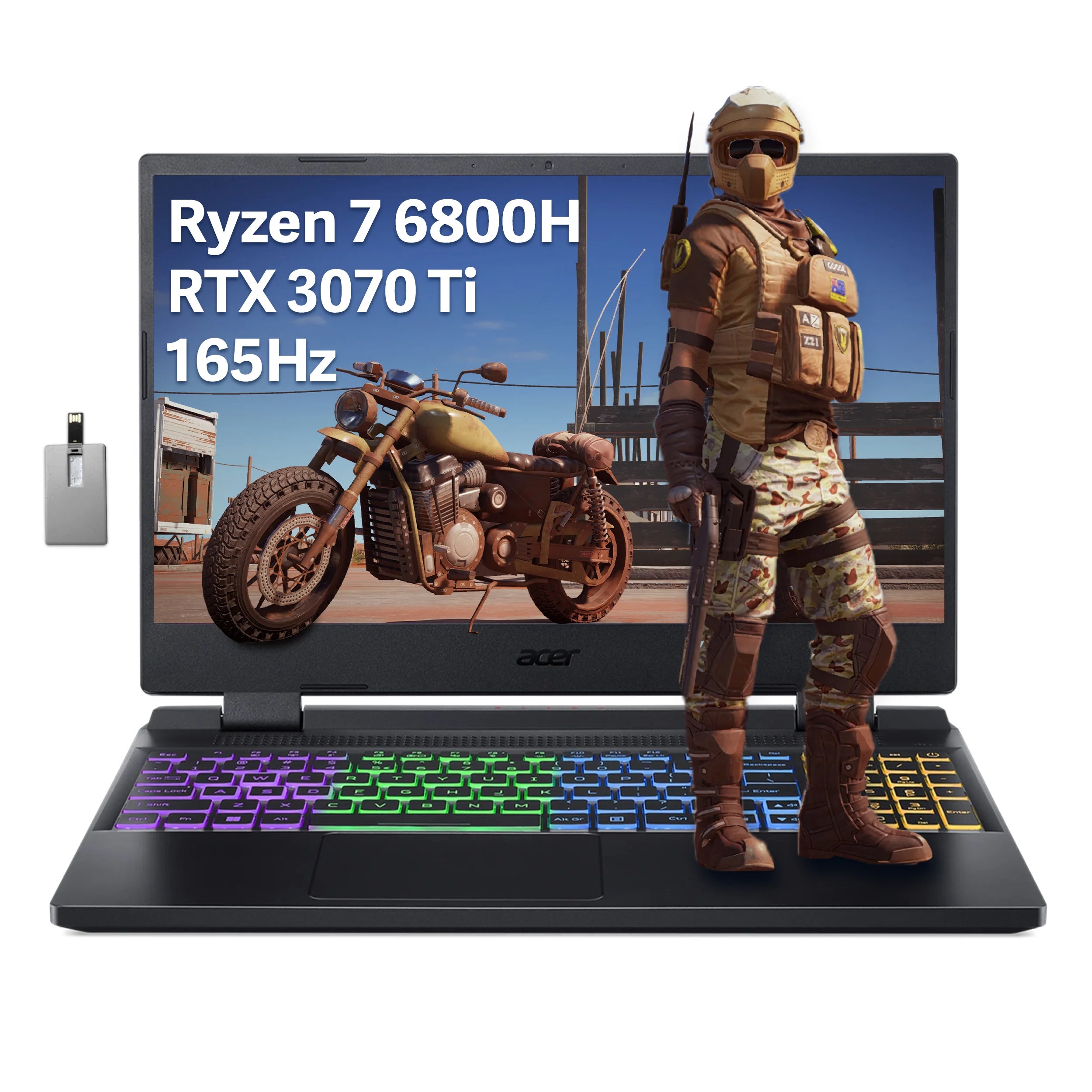Acer Nitro 5 15.6 QHD (2560 x 1440) 165Hz Gaming Laptop, AMD Ryzen 7 6800H, 32GB DDR5 RAM, 1TB SSD, NVIDIA GeForce RTX 3070Ti, 4-Zone RGB Keyboard, Wi-Fi 6, Win 11 Pro, Black, 32GB Hotface USB Card