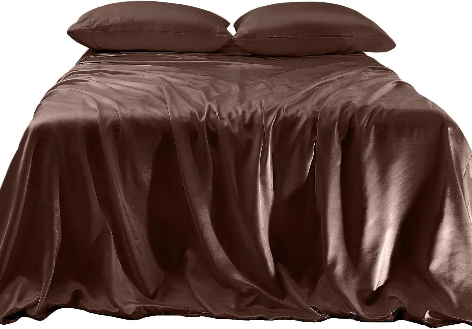 Elegant Comfort Luxurious 4-Piece Silky Satin Sheet Set Cooling Soft Satin Sheets, Cali King, Chocolate Brown
