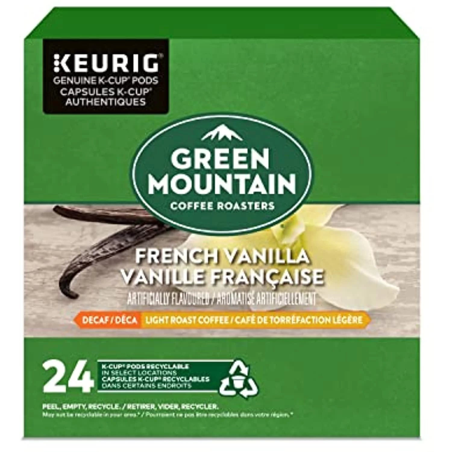 Green Mountain Coffee Roasters French Vanilla Decaf, Single-Serve Keurig K-Cup Pods, Flavored Light Roast Coffee, 24 Count