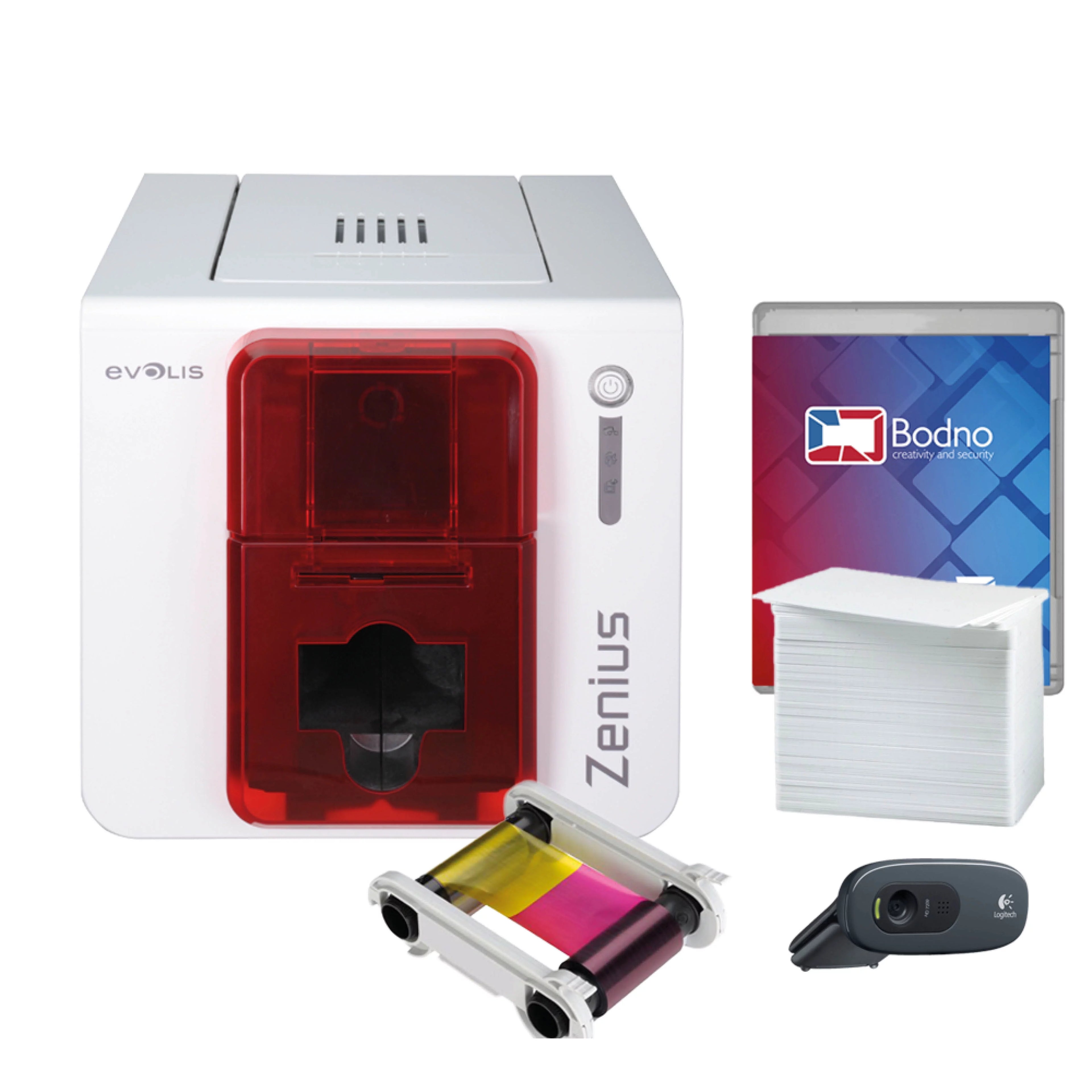 Evolis Zenius Single Sided ID Card Printer & Complete Supplies Package with Bodno Bronze Edition ID Software