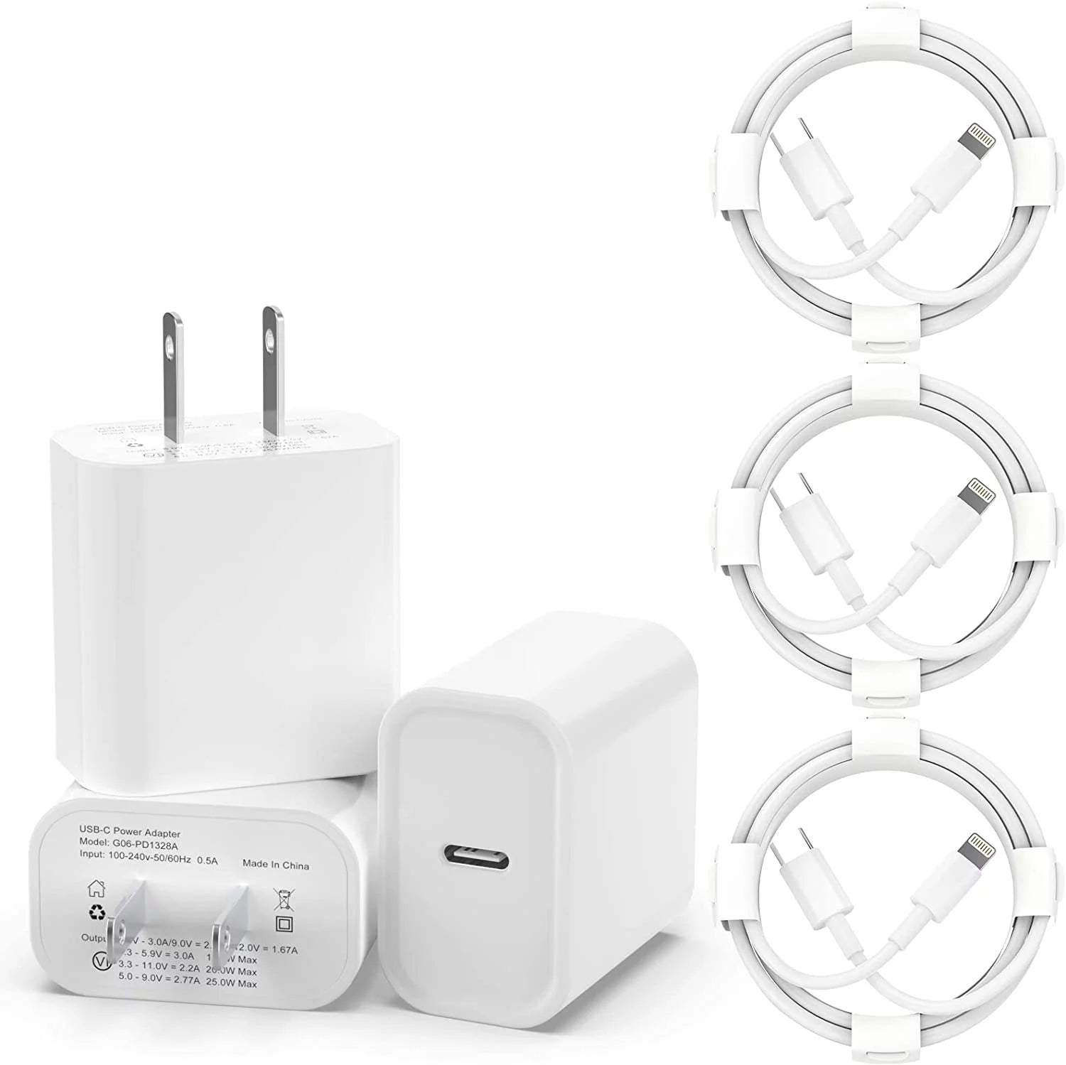 3 Pack iPhone Fast Charger [Apple MFi Certified], 20W PD USB C Wall Charger Adapter with 3 Pack 6FT Type C to Lightning Cable Compatible with iPhone