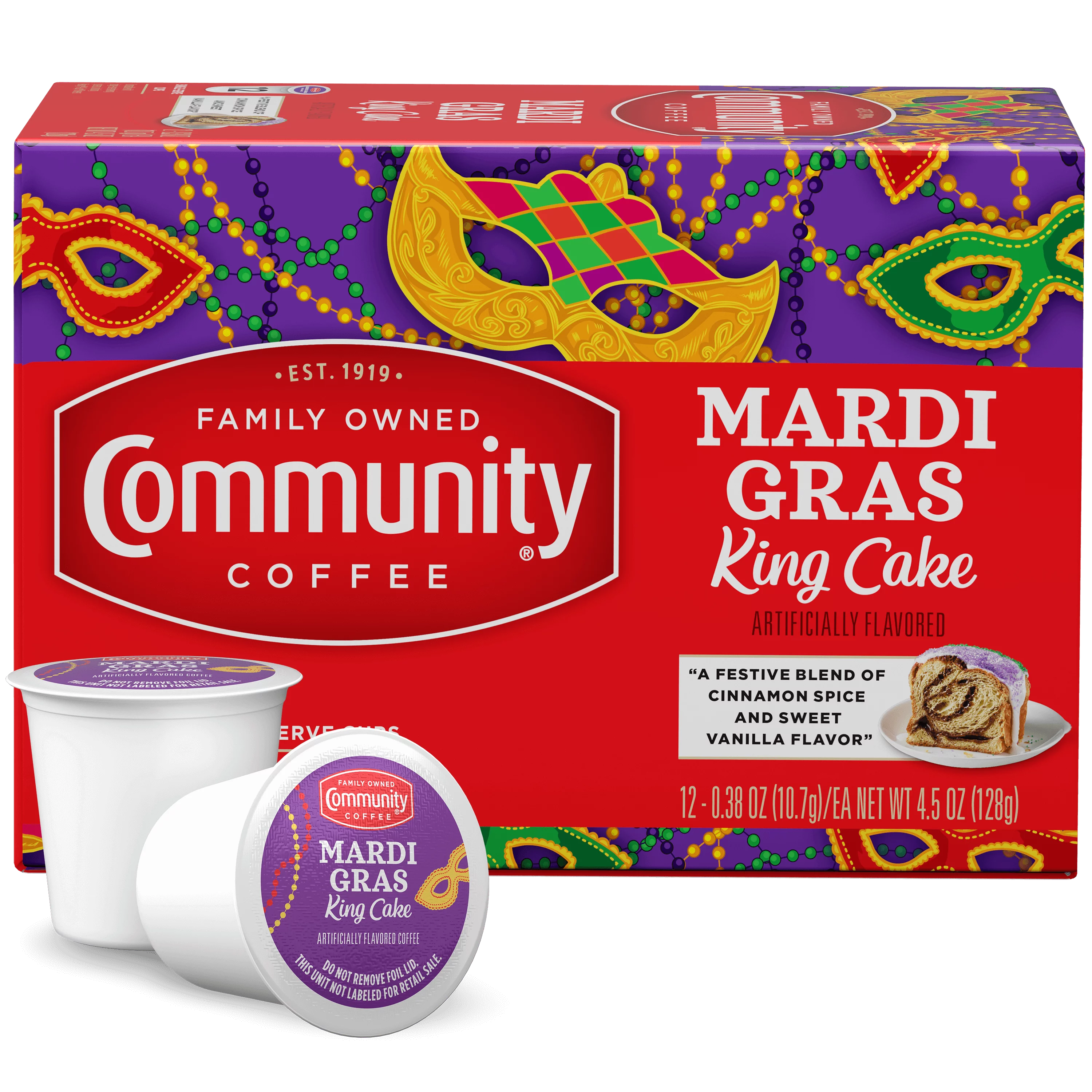 Community? Coffee Mardi Gras King Cake Coffee Single-Serve Cups 12 Ct Box Compatible with Keurig 2.0 K-Cup Brewers