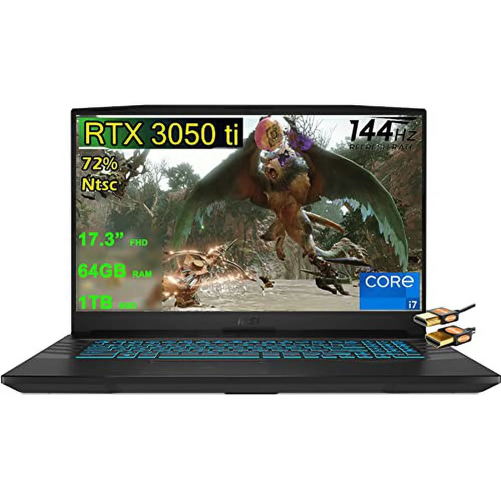 MSI Crosshair 17 Gaming Laptop 17.3 FHD IPS 144Hz (72% NTSC) 11th Generation Intel Octa-core i7-11800H 64GB RAM 1TB SSD GeForce RTX 3050 Ti 4GB USB-C Backlit Keyboard Win10 + HDMI Cable