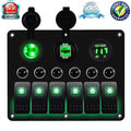 6 Gang Circuit LED Car Marine Boat Rocker Switch Panel Dual USB Waterproof Power Socket Breaker Voltmeter Overload Protection -Green