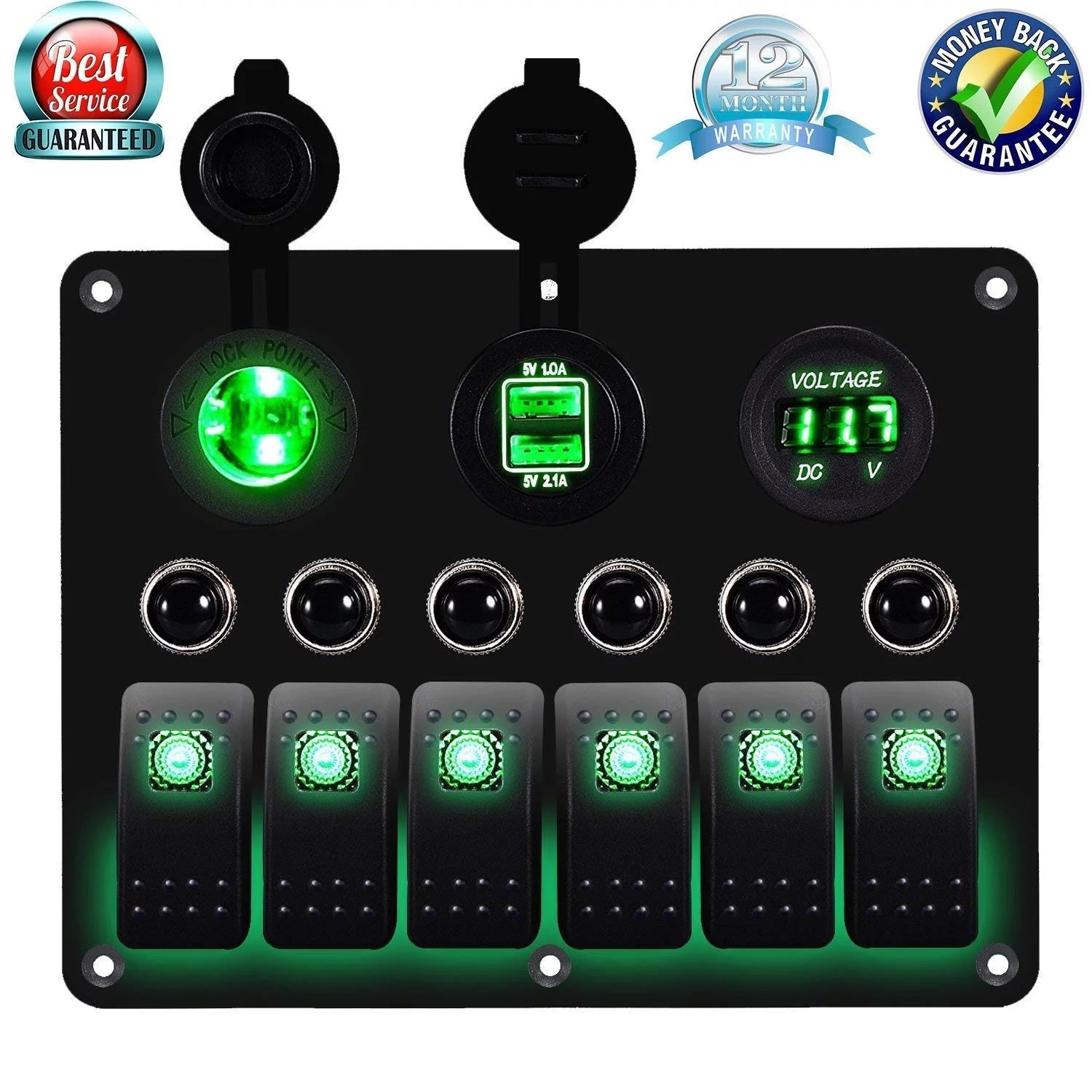 6 Gang Circuit LED Car Marine Boat Rocker Switch Panel Dual USB Waterproof Power Socket Breaker Voltmeter Overload Protection -Green