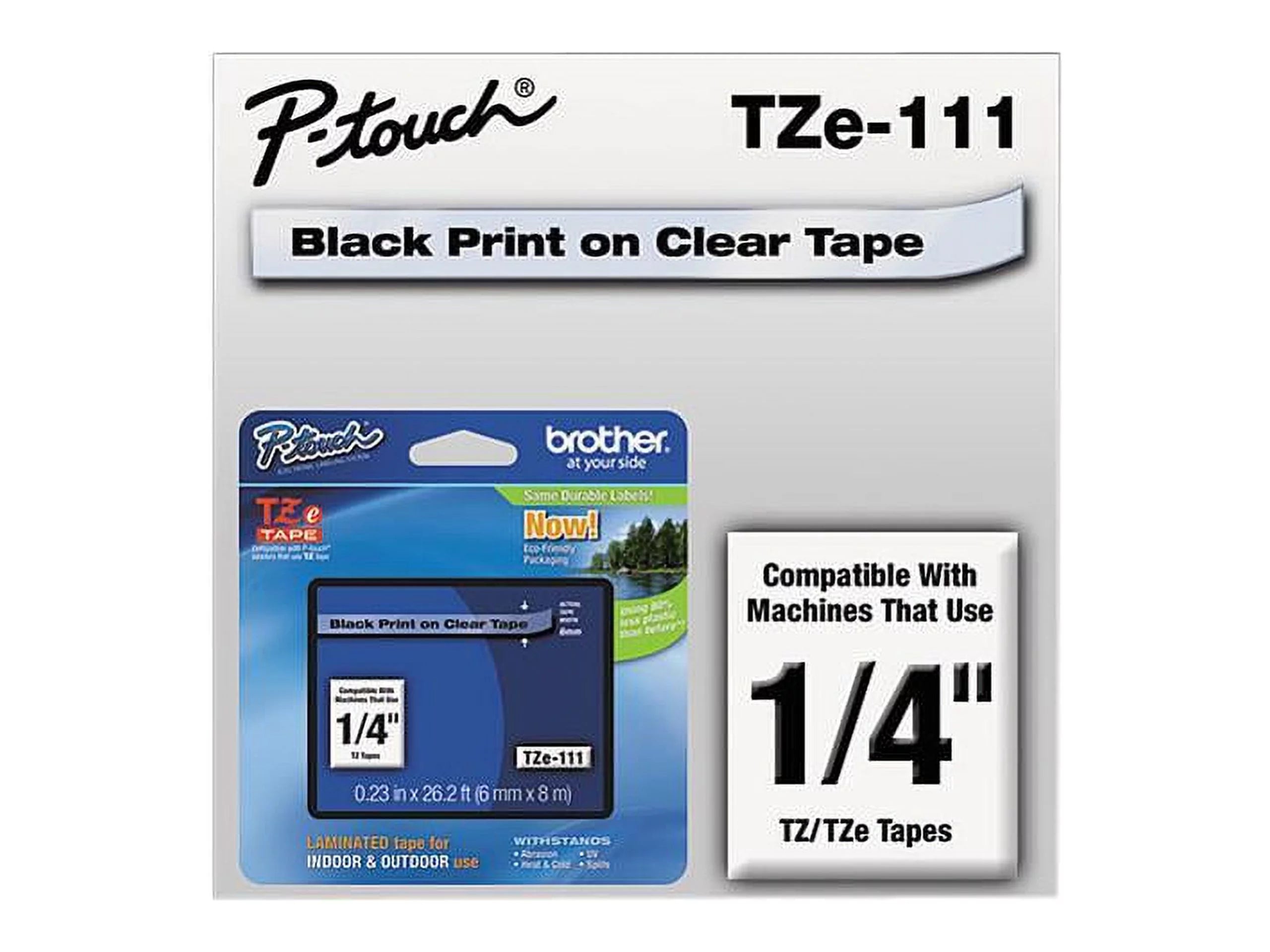 Brother TZE111TZe Standard Adhesive Laminated Labeling Tape, 1/4w, Black on Clear