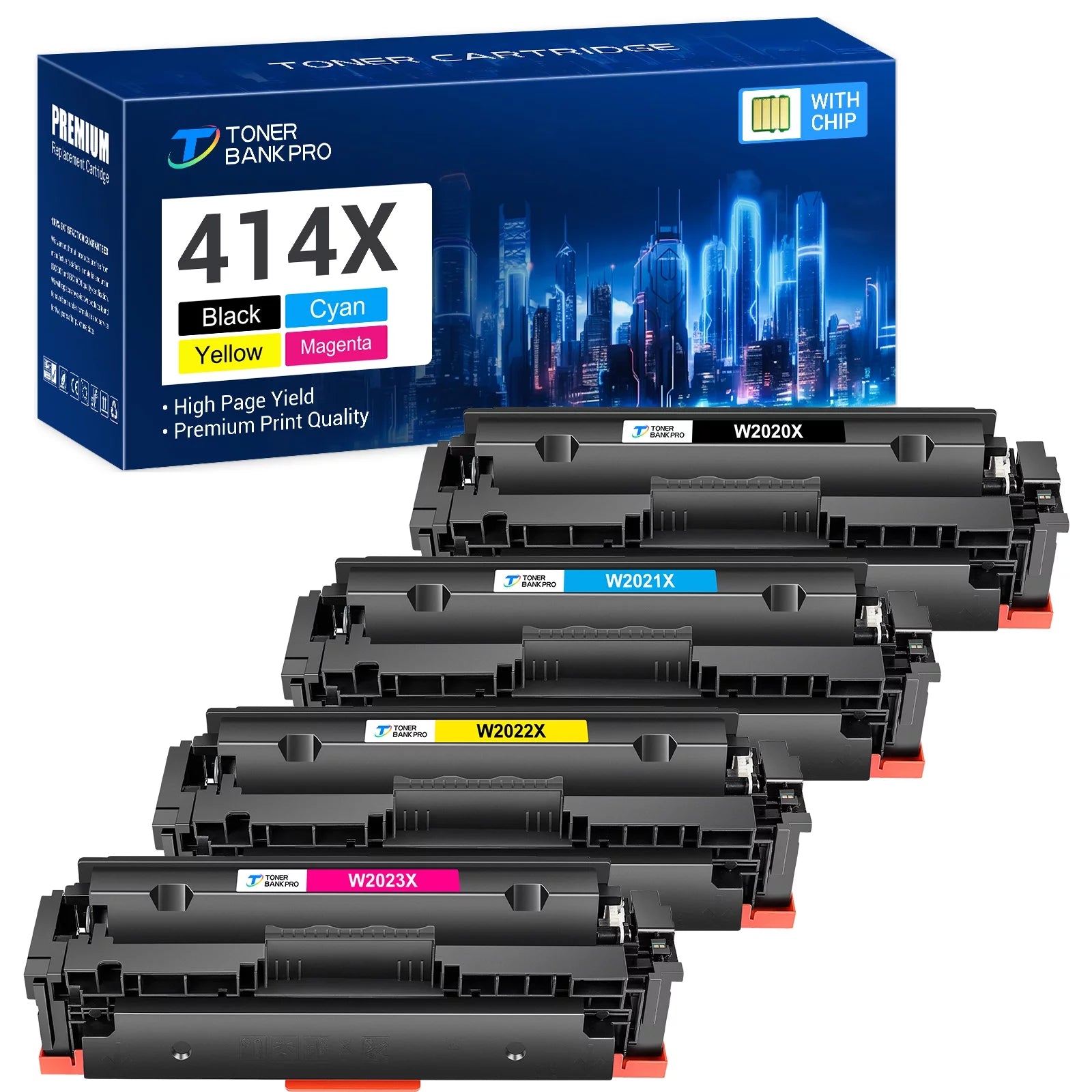 414X WITH-CHIP Toner Cartridge Compatible for HP 414X 414A W2020A W2020X W2021X W2022X W2023X Color Pro MFP M479fdw M454dn M479fdn M454dw (B+C+Y+M, 4-Pack)