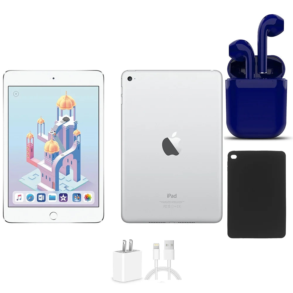 Restored | Apple iPad Mini 4 | 7.9-inch | 16GB | Unlocked | Bundle: USA Essentials Bluetooth/Wireless Airbuds, Case, Rapid Charger By Certified 2 Day Express