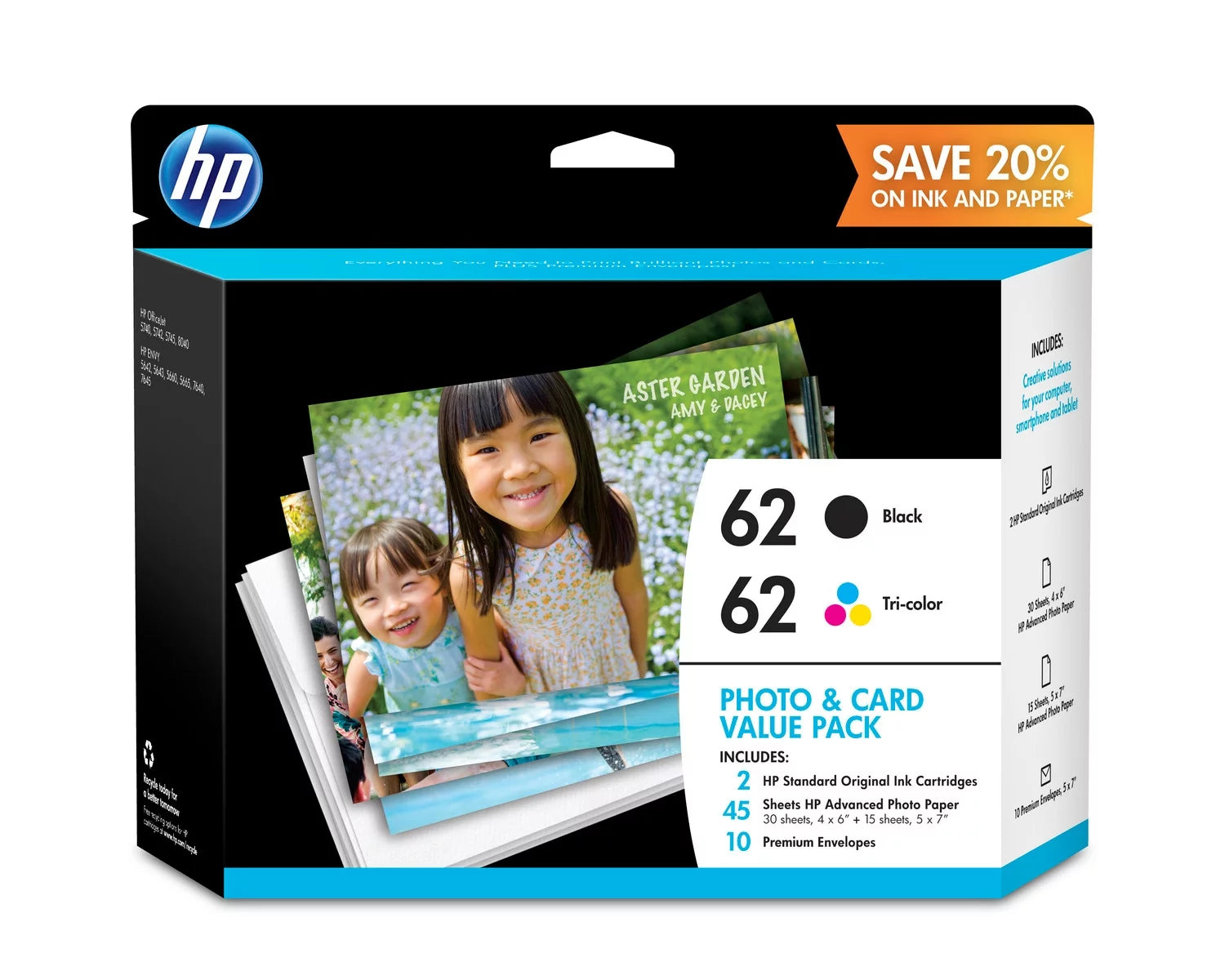 HP 62 Photo and Card Value Pack-30 sheet/4 x 6 in and 15 sheet/5 x 7 in,
